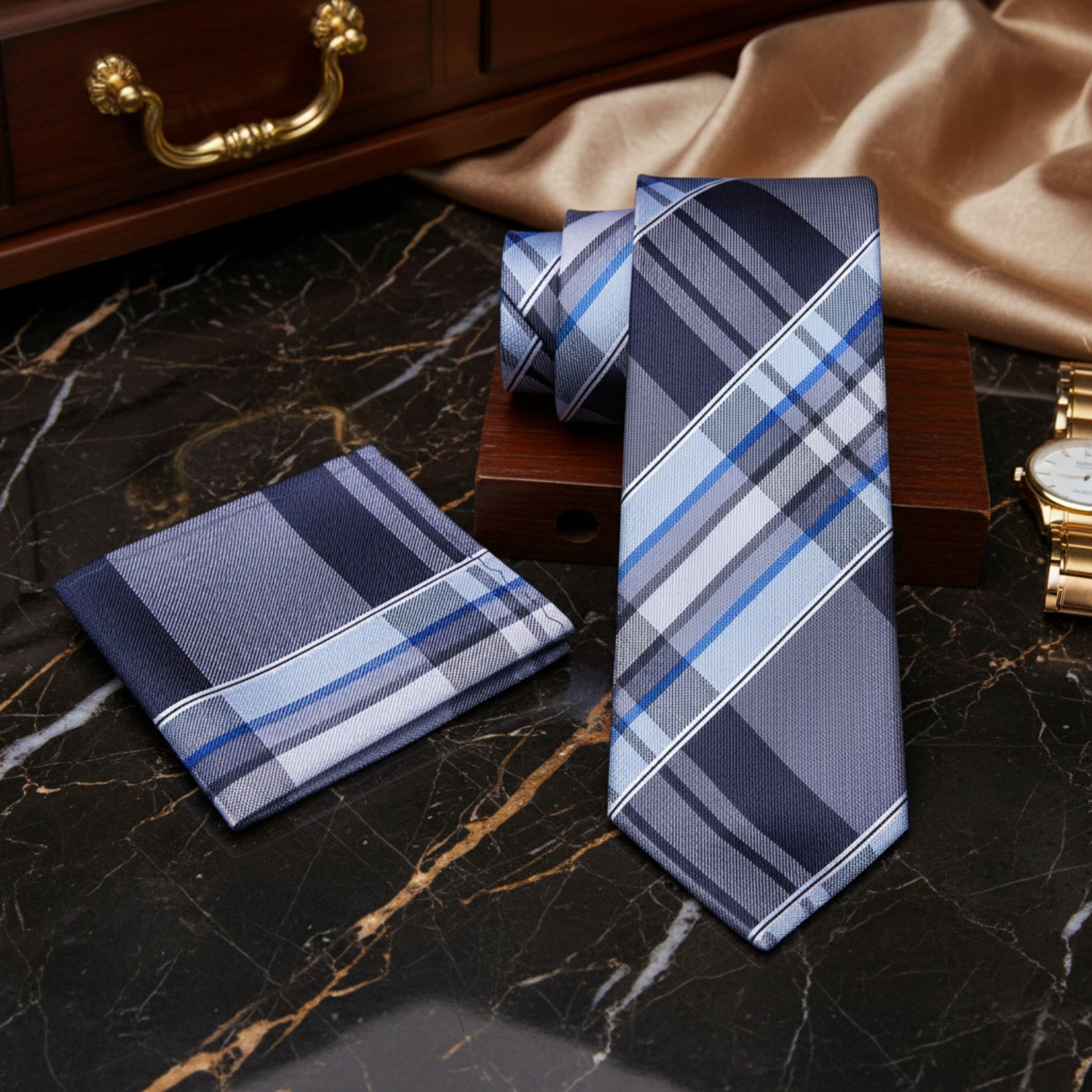 Alt View: A Grey, Light Blue, White Plaid Pattern Necktie, Pocket Square