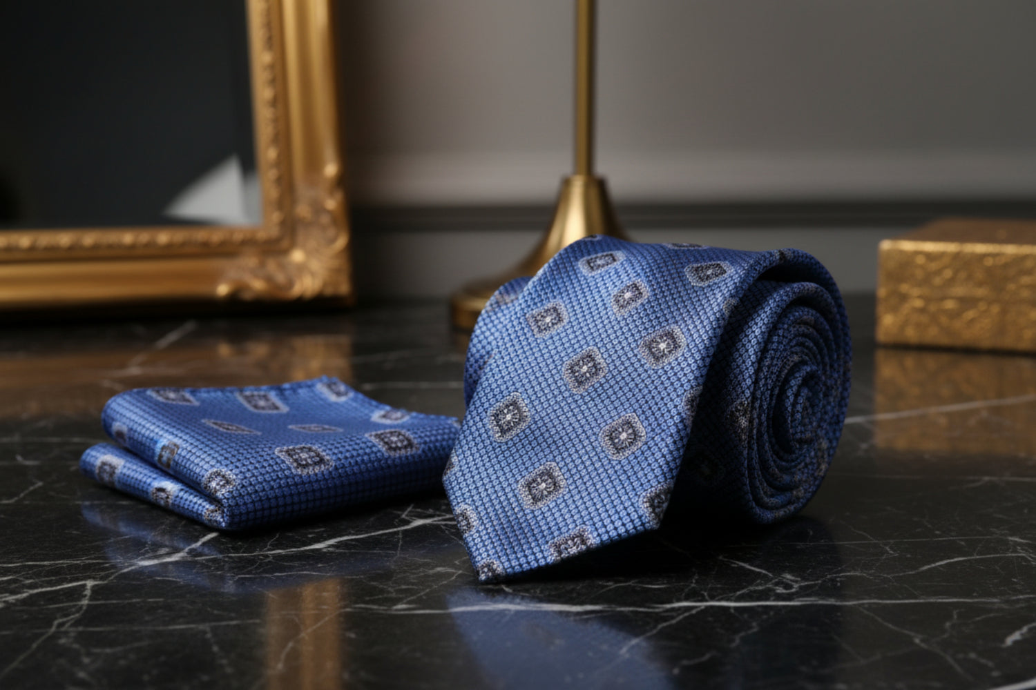 blue emeralds necktie and handkerchief
