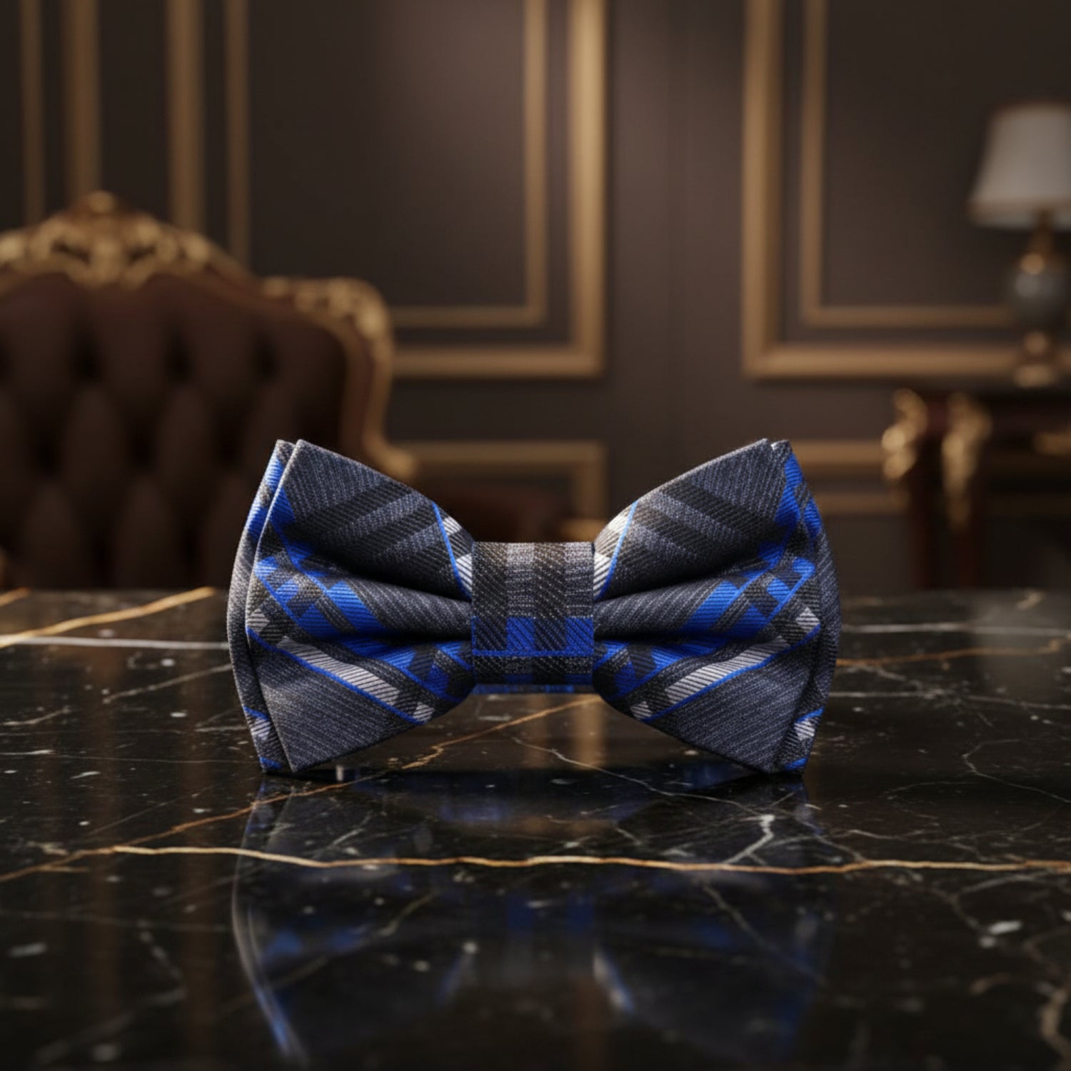 grey and blue plaid single bow
