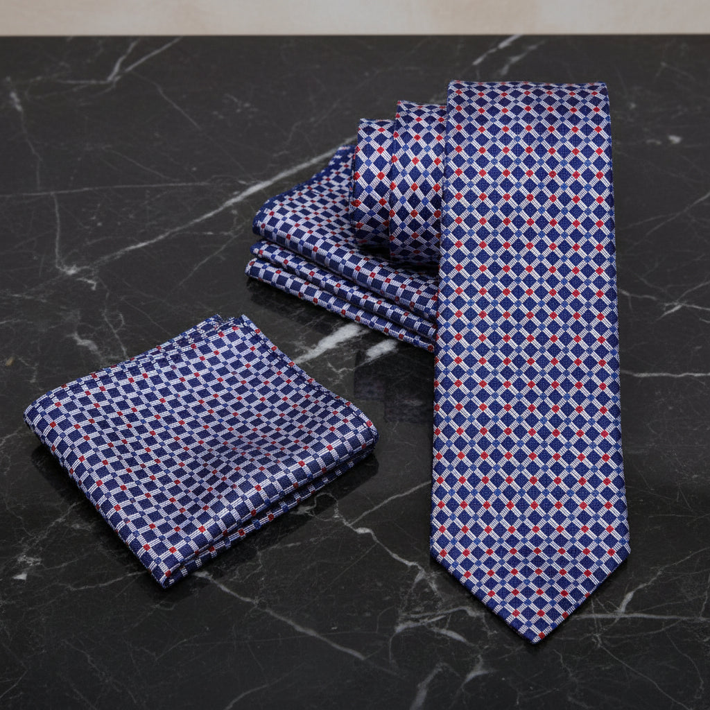 Alt View: A Red, Blue, Grey Small Geometric Check Pattern Necktie, Matching Pocket Square