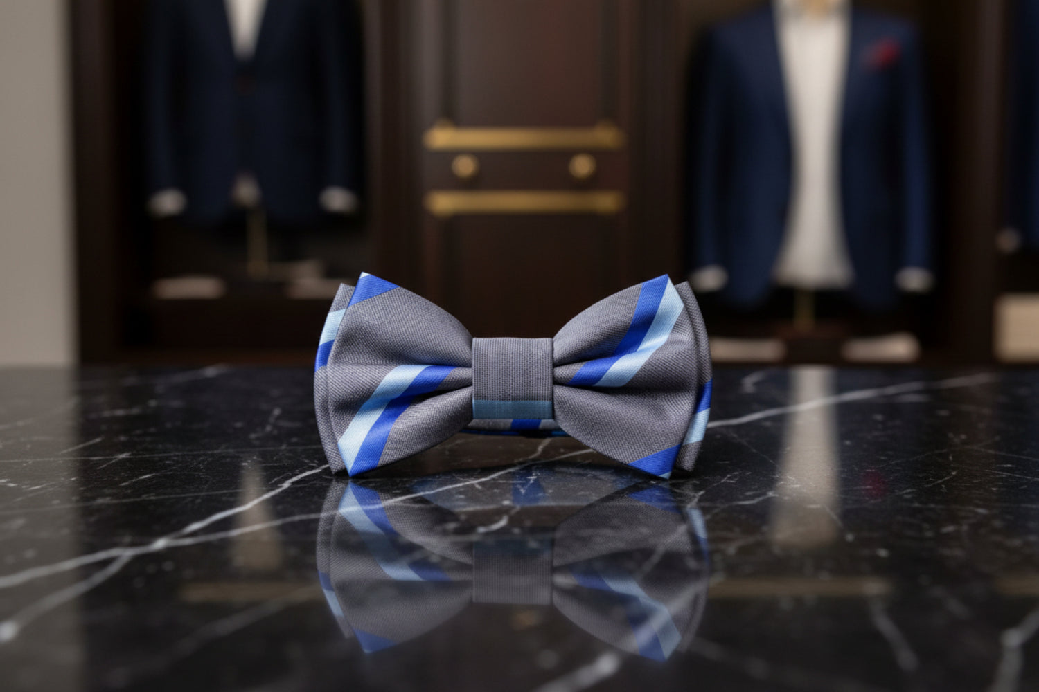 Grey White Stripe Bow Tie  