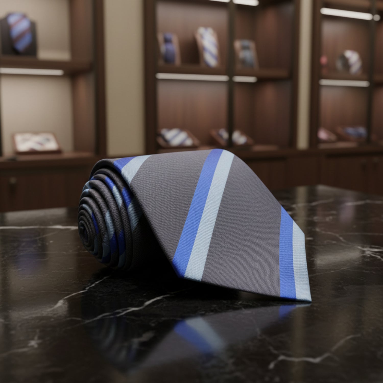 a grey and blue stripe tie