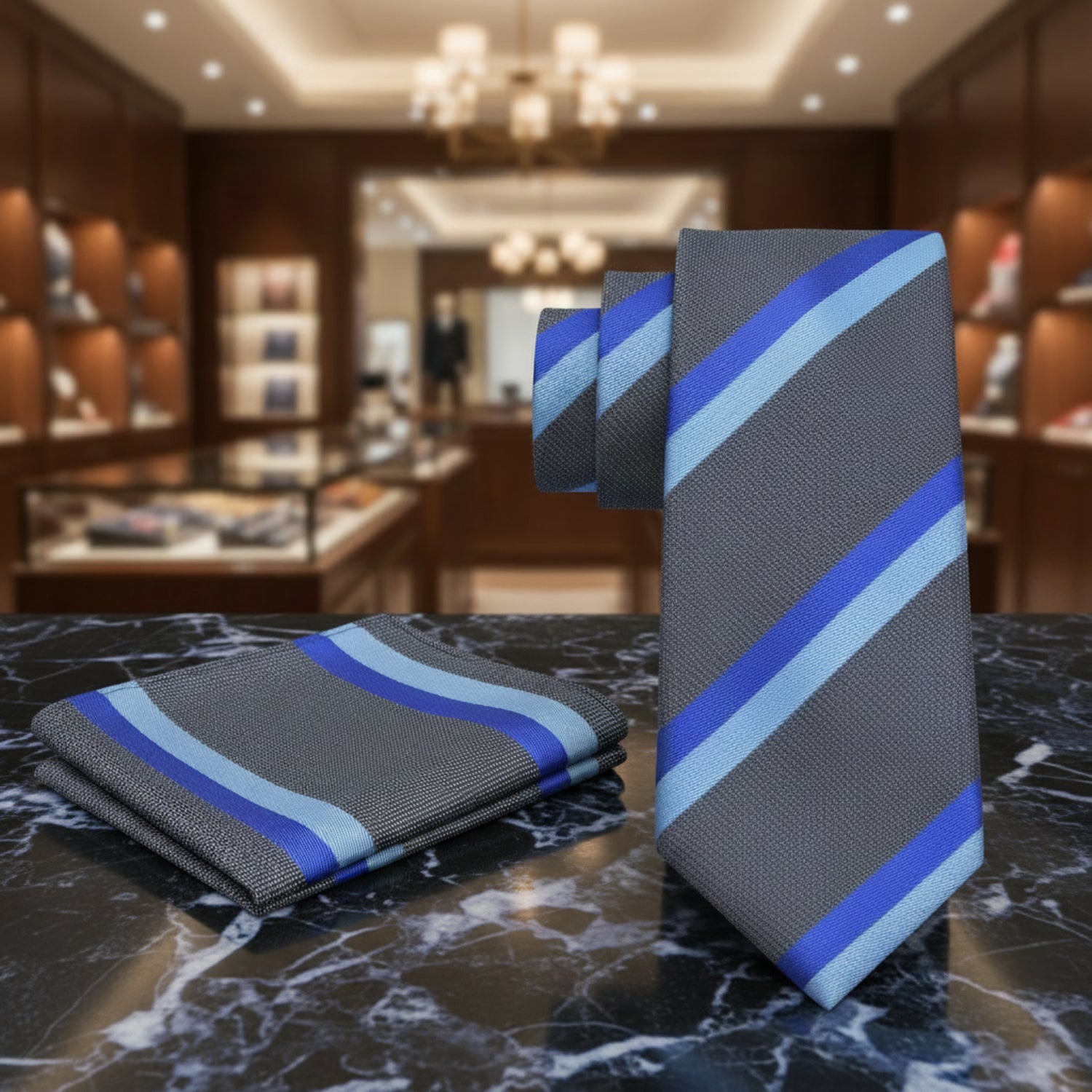 a grey and blue stripe tie and hanky