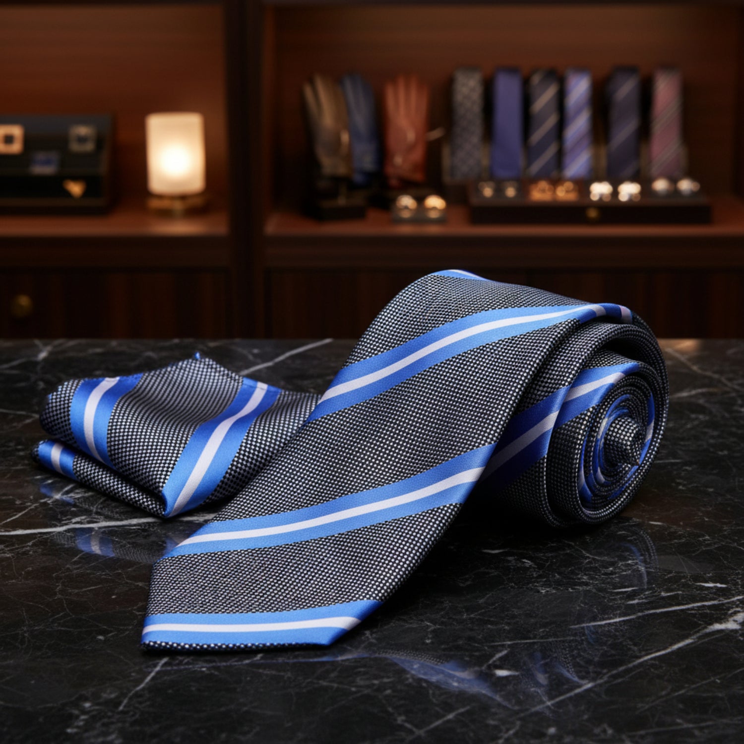 Grey, Blue, White Stripe Tie and Pocket Square