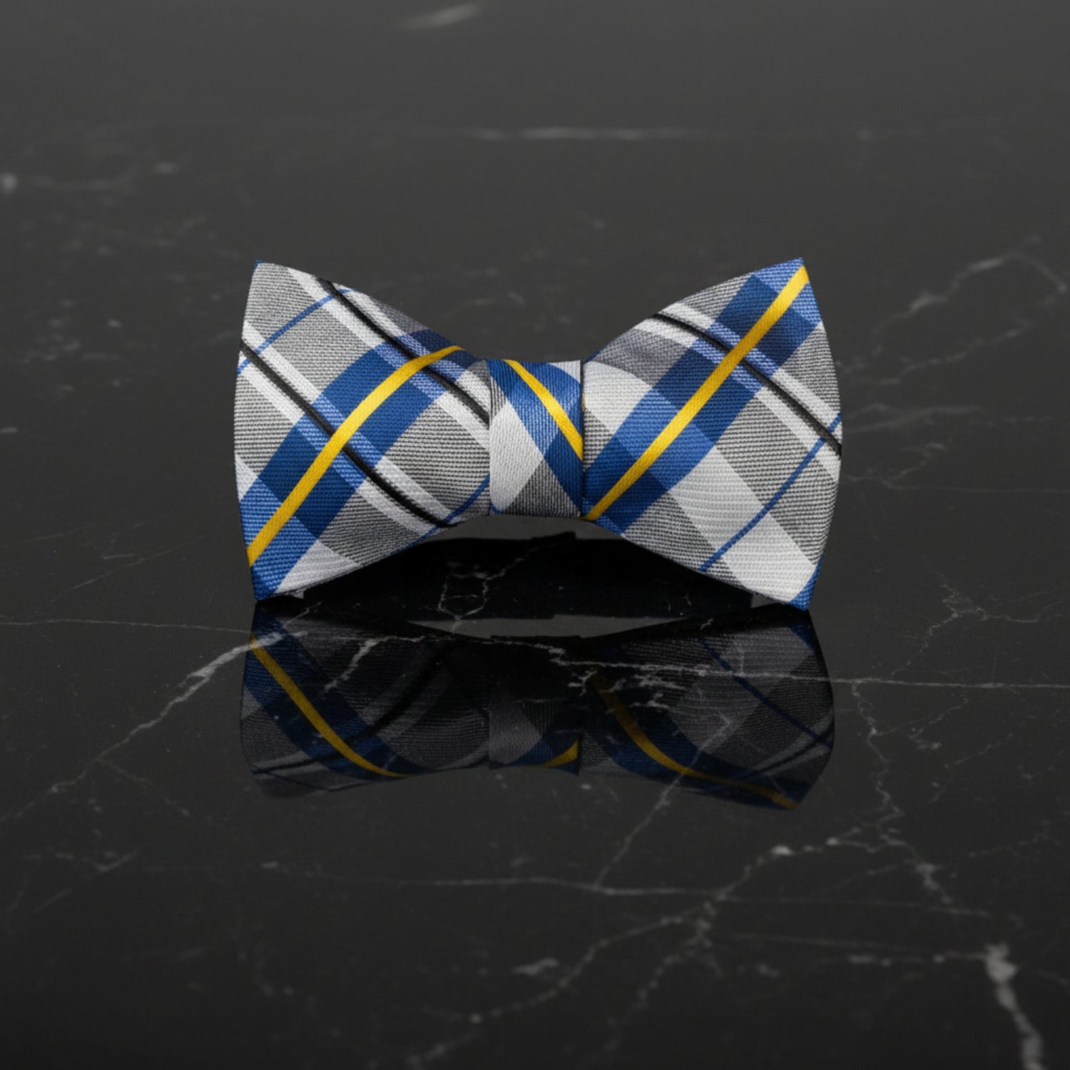 A Grey, Yellow, Blue Plaid Pattern Self Tie Bow Tie 