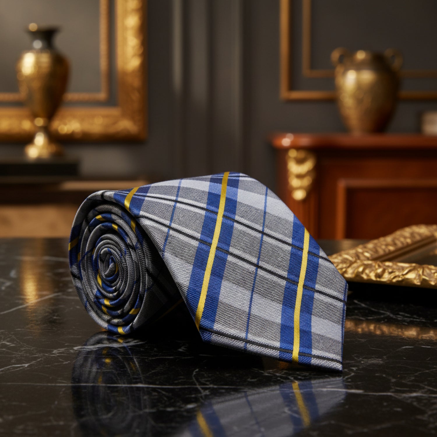 A Grey, Yellow, Blue Plaid Pattern Necktie