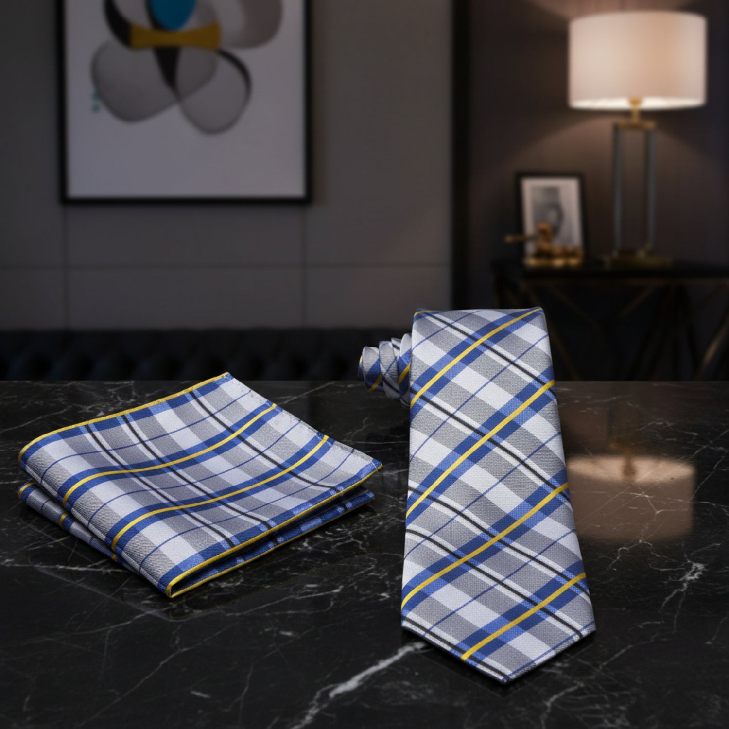 Alt View: A Grey, Yellow, Blue Plaid Pattern Necktie, Matching Pocket Square