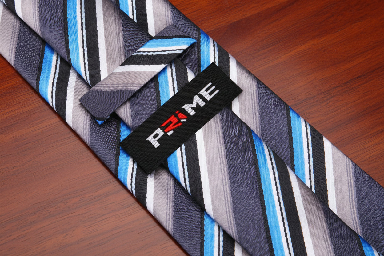 Grey, Brown, Black, Blue, White Stripe Necktie Keep