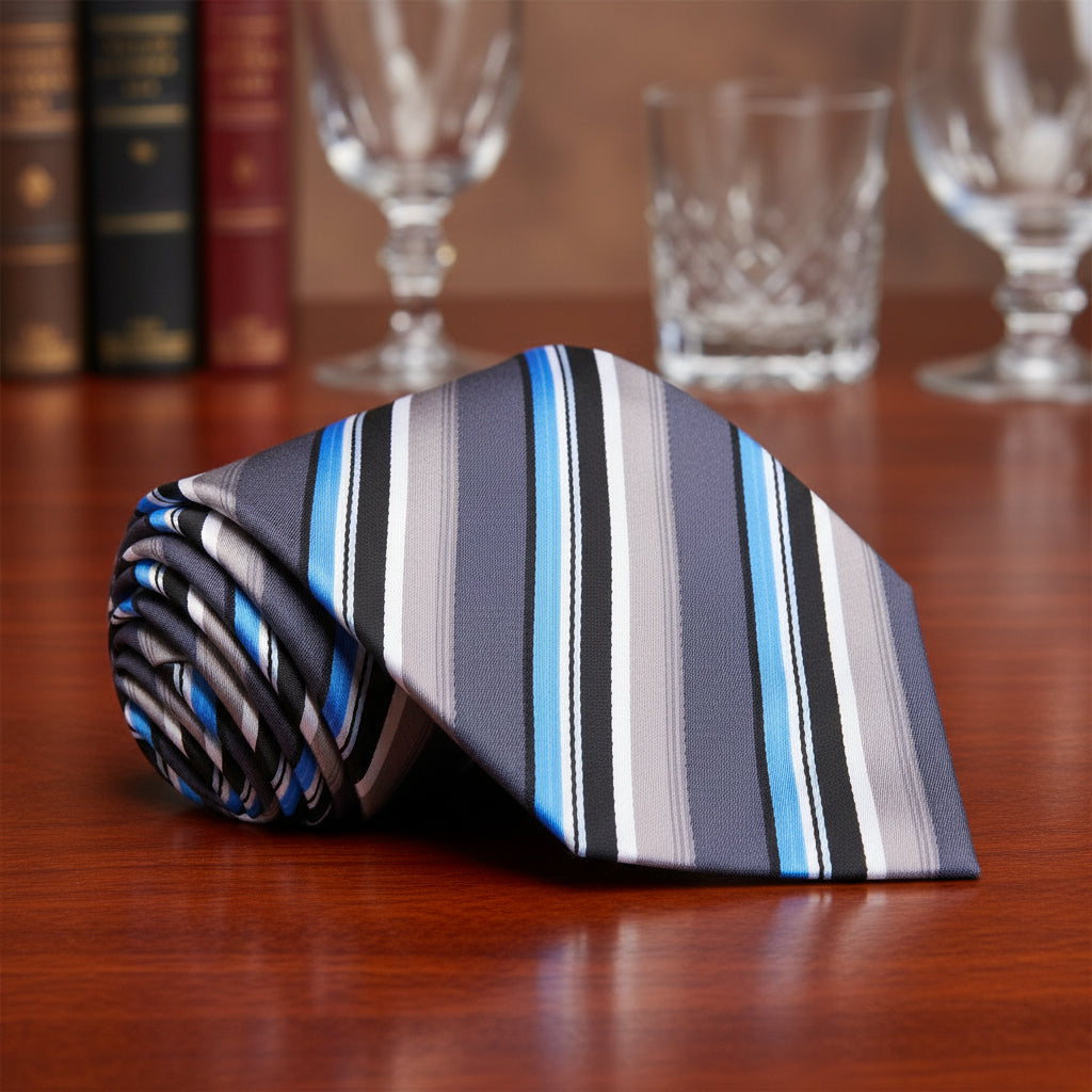 Grey, Brown, Black, Blue, White Stripe Necktie  