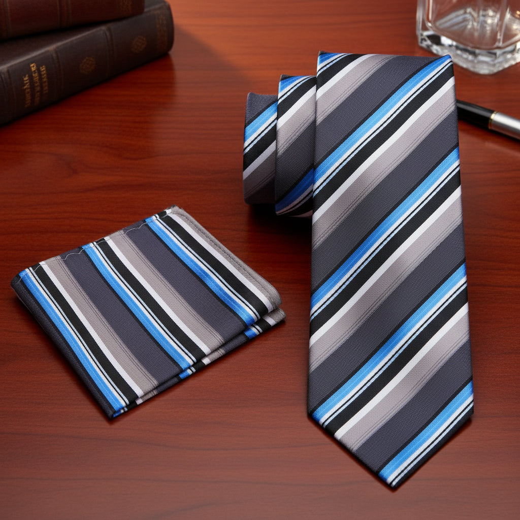Alt View: Grey, Brown, Black, Blue, White Stripe Necktie and Matching Square