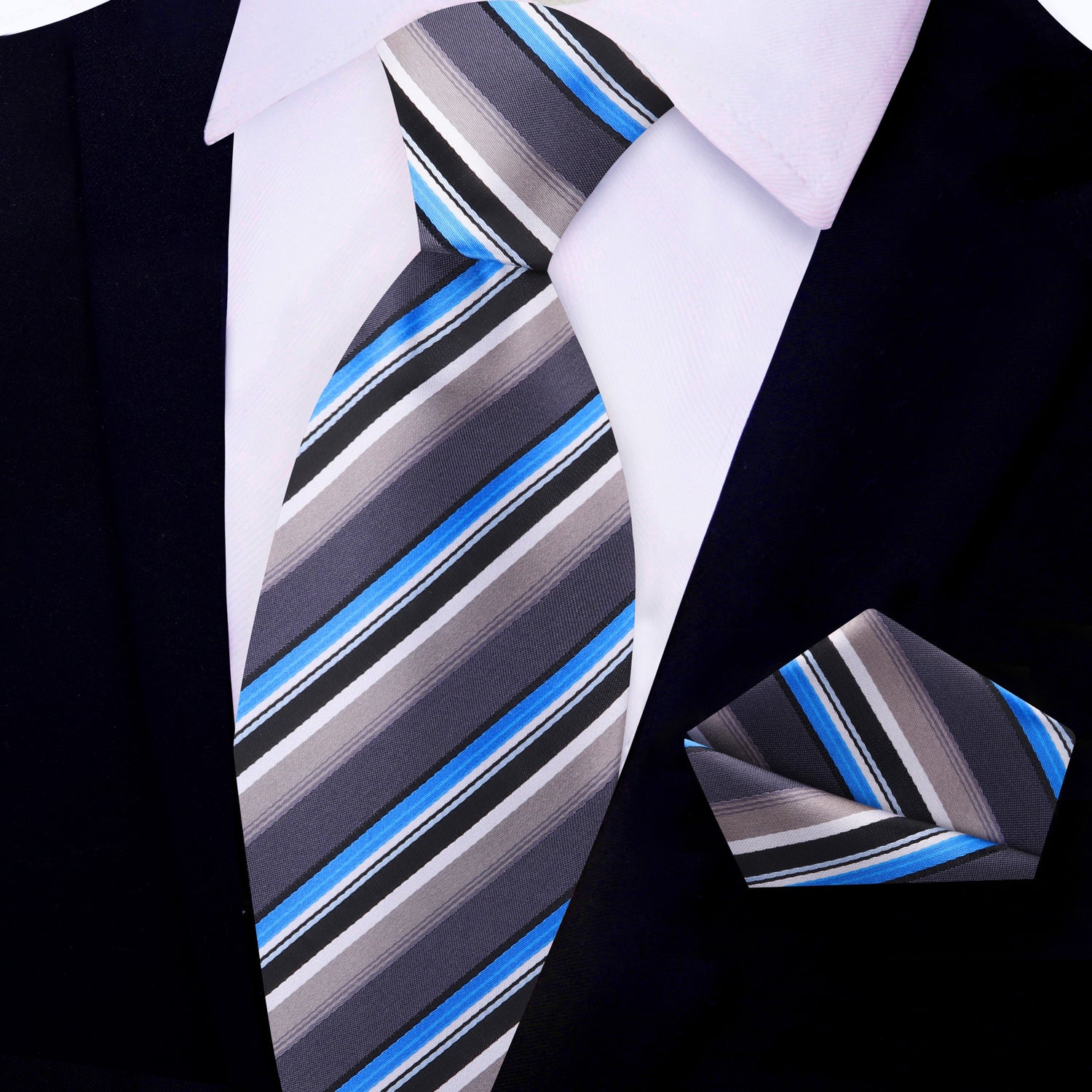 View 2: Grey, Brown, Black, Blue, White Stripe Necktie and Matching Square