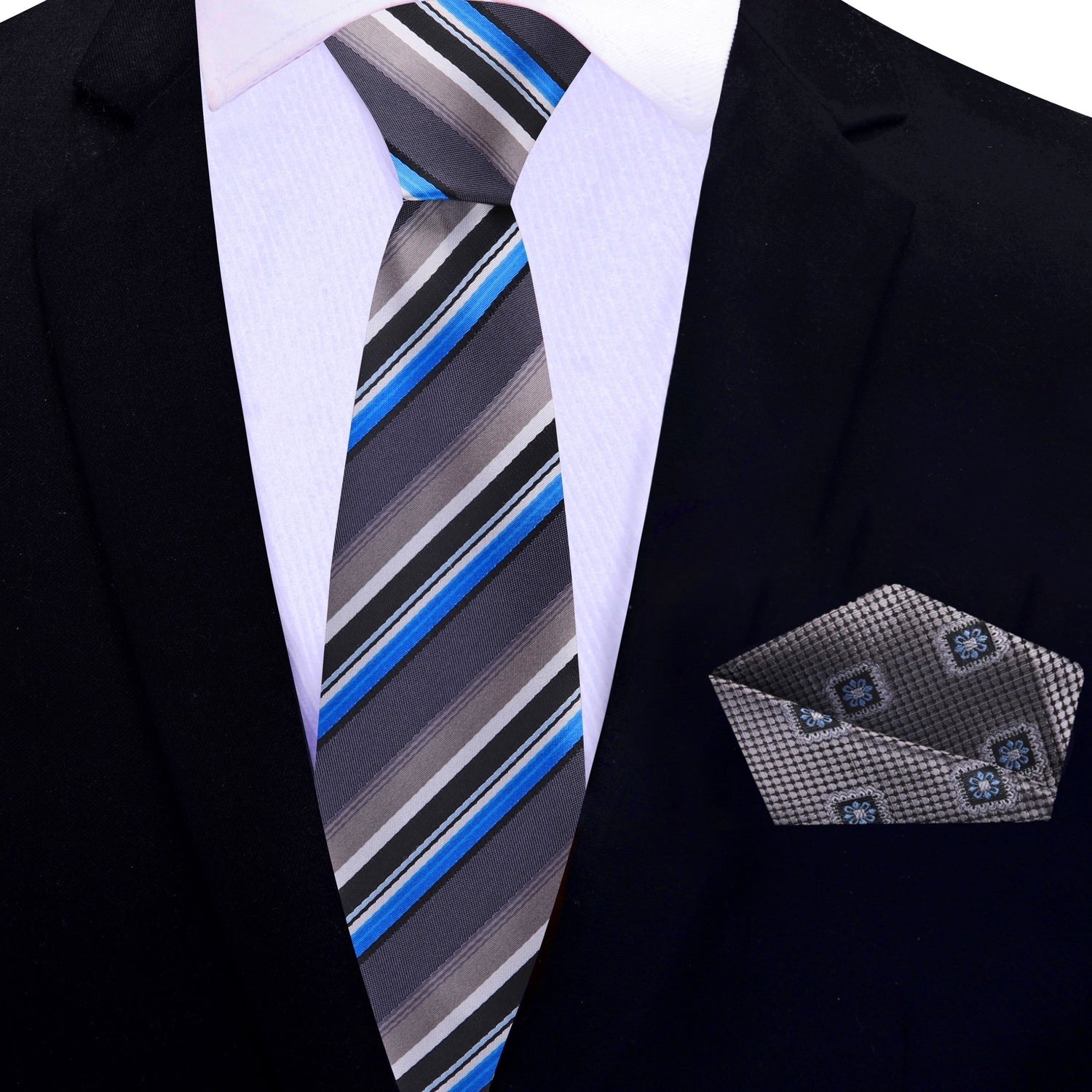 Thin Tie: Grey, Brown, Black, Blue, White Stripe Necktie and Grey, Blue Burst Square