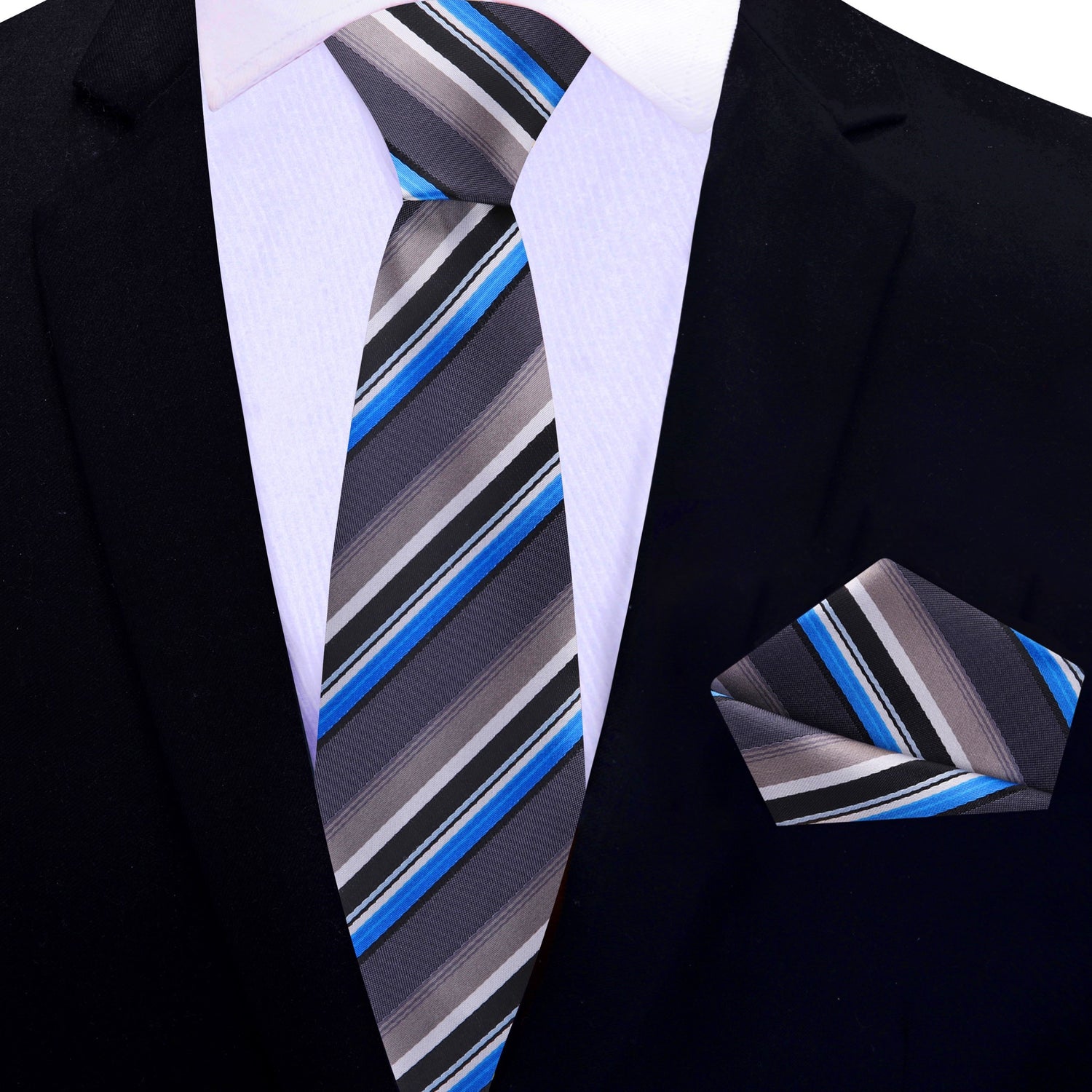 Thin Tie: Grey, Brown, Black, Blue, White Stripe Necktie and Matching Square