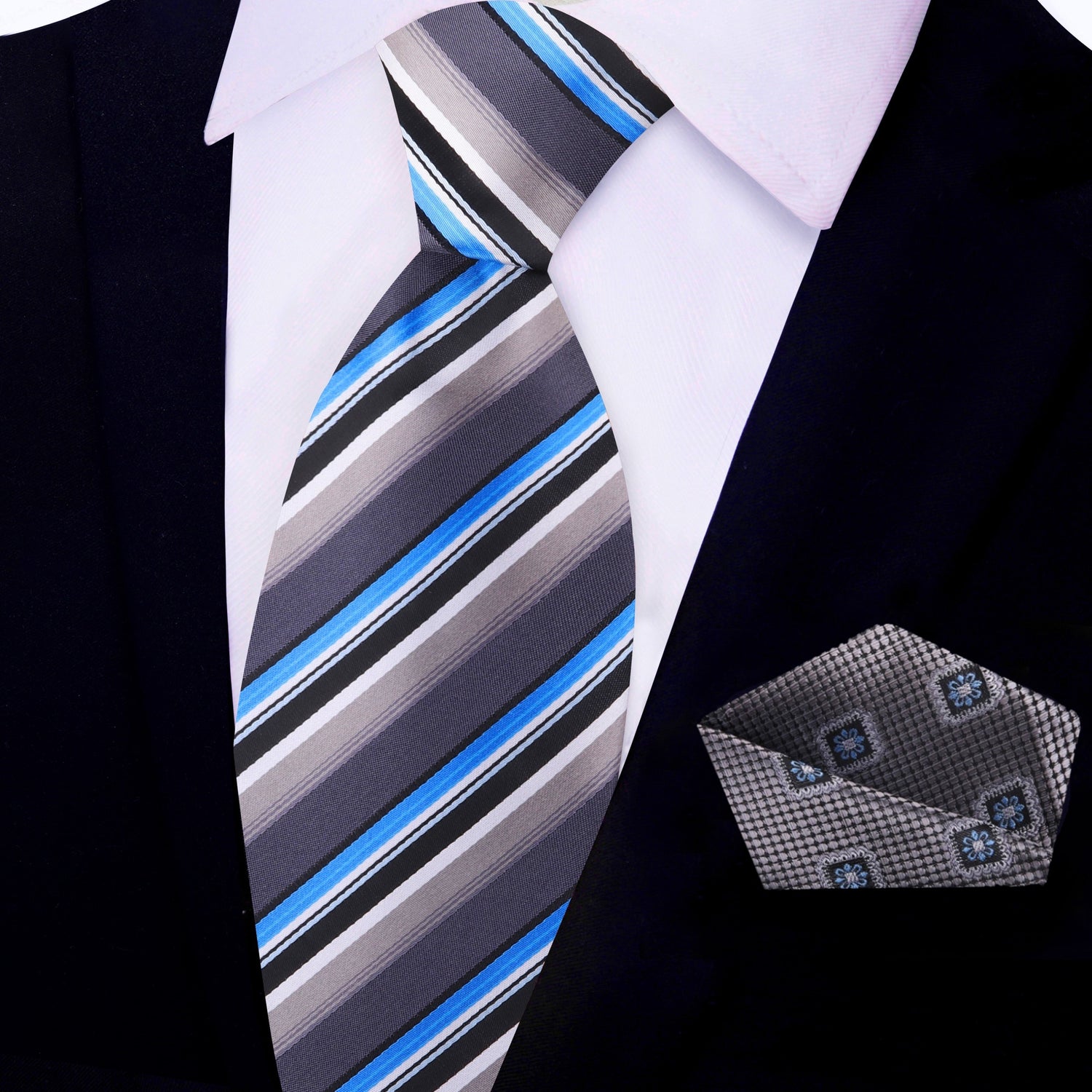 View 2: Grey, Brown, Black, Blue, White Stripe Necktie and Grey, Blue Burst Square