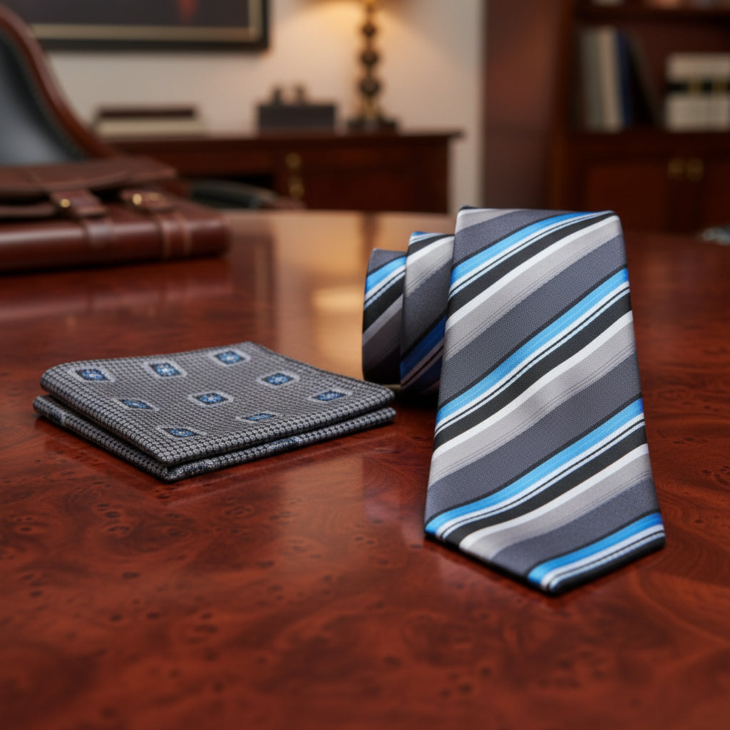 Alt View Grey, Brown, Black, Blue, White Stripe Necktie and Grey, Blue Burst Square