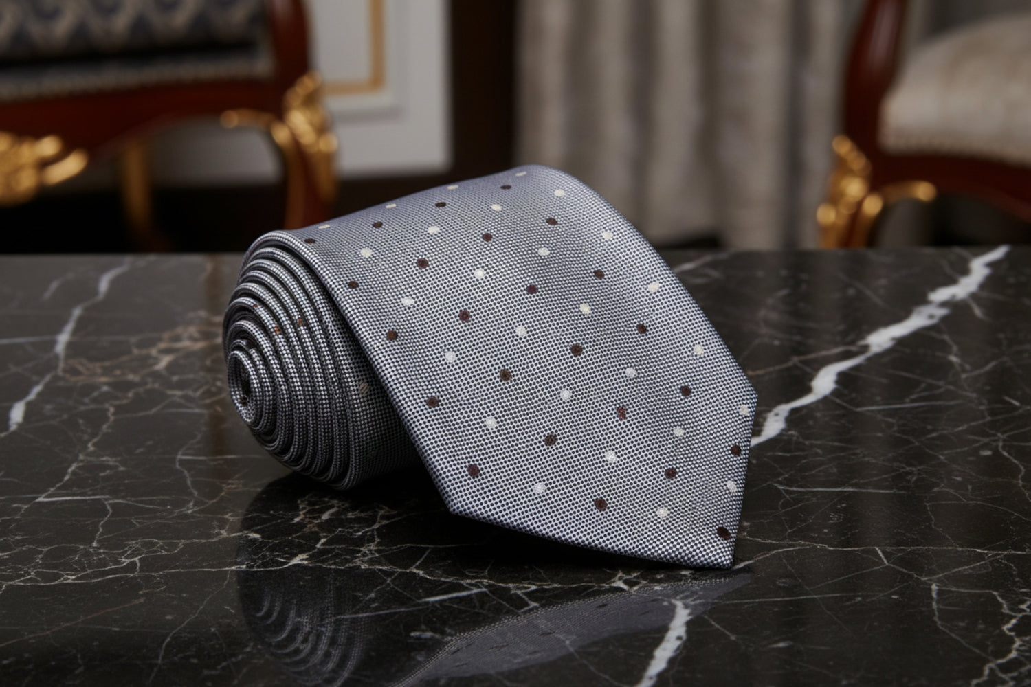 Grey with brown and cream polka tie 
