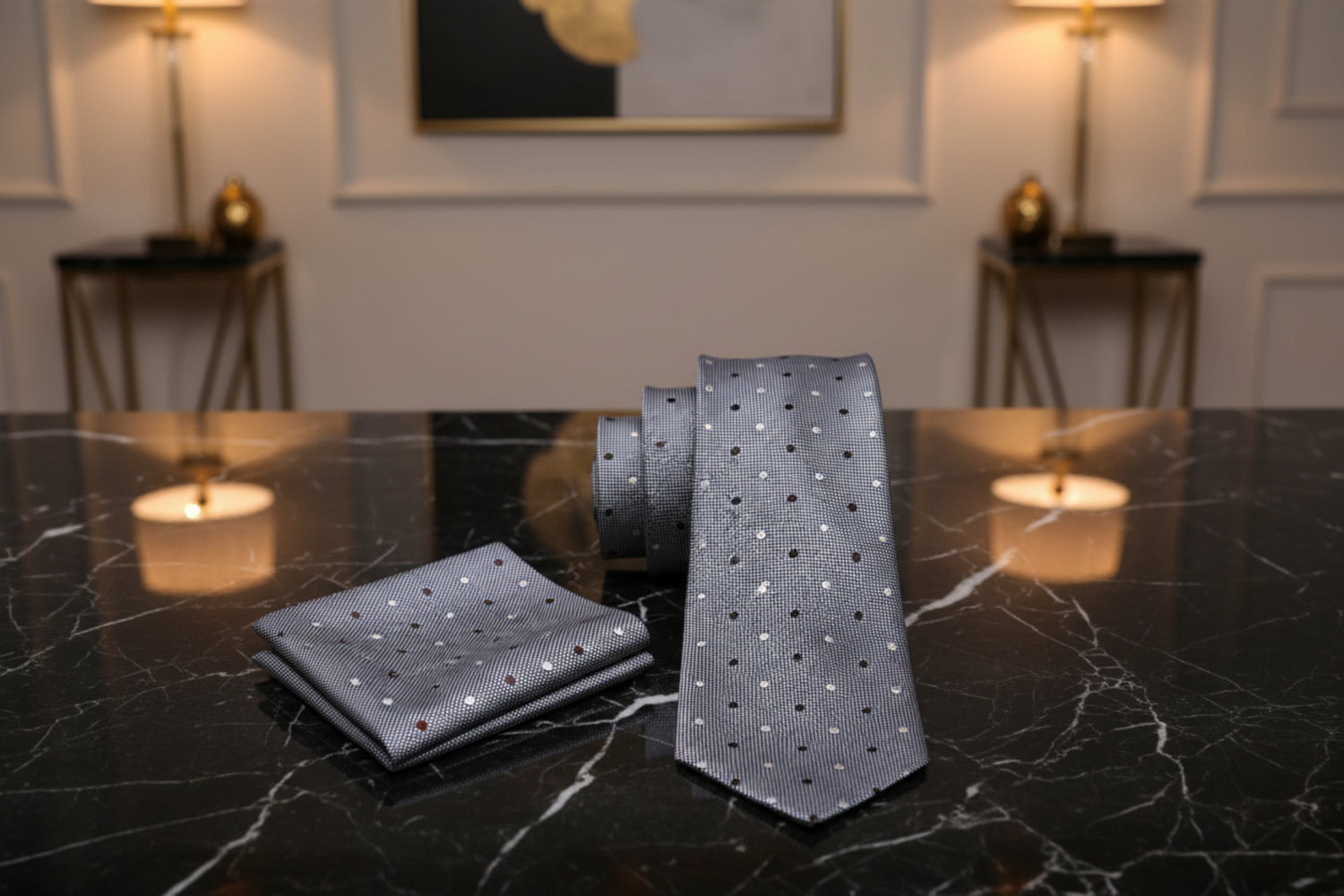 Alt View: Grey with brown and cream polka tie and pocket square