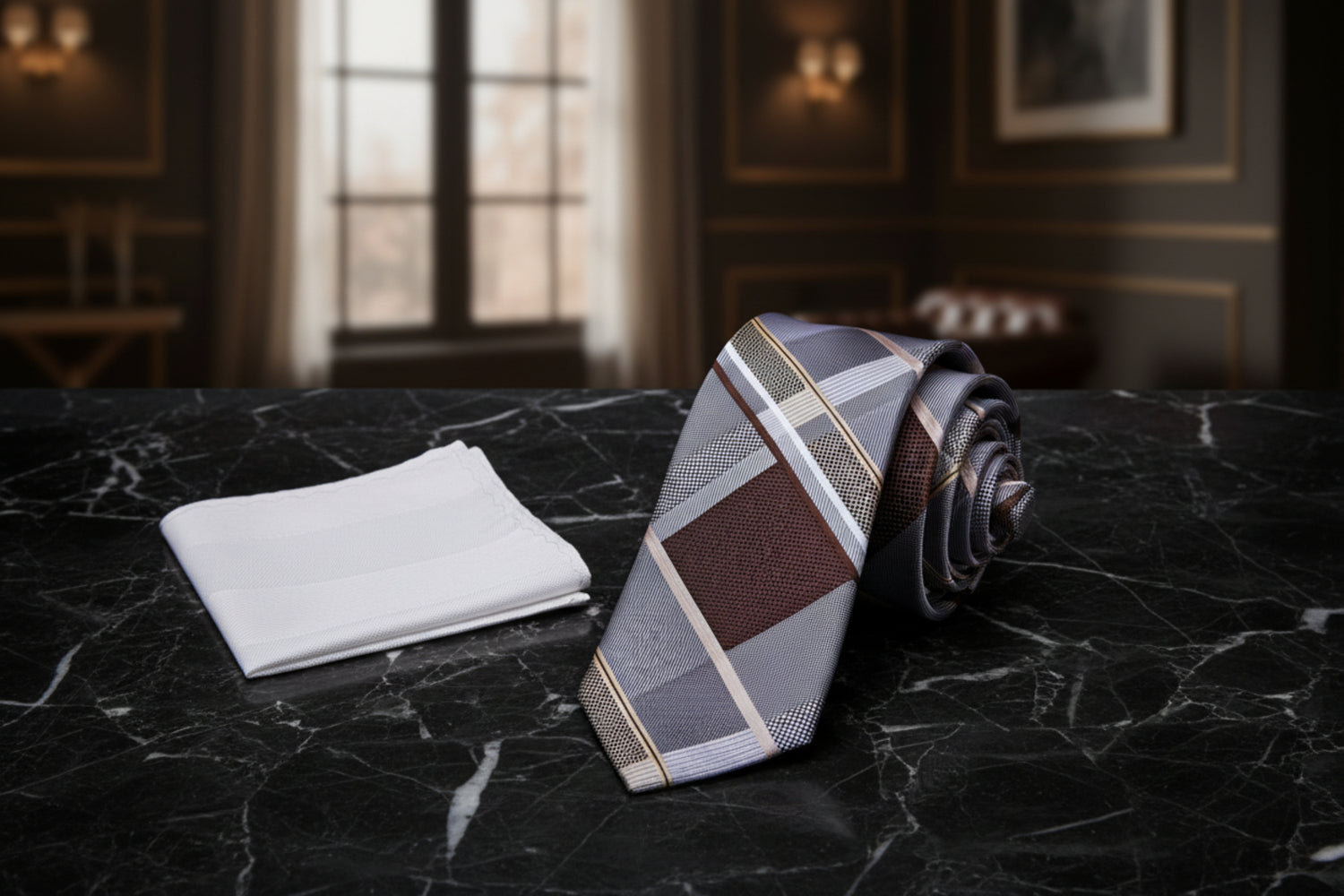 Alt View: Grey Brown Gold Geometric Omega With Silver Stripe Square