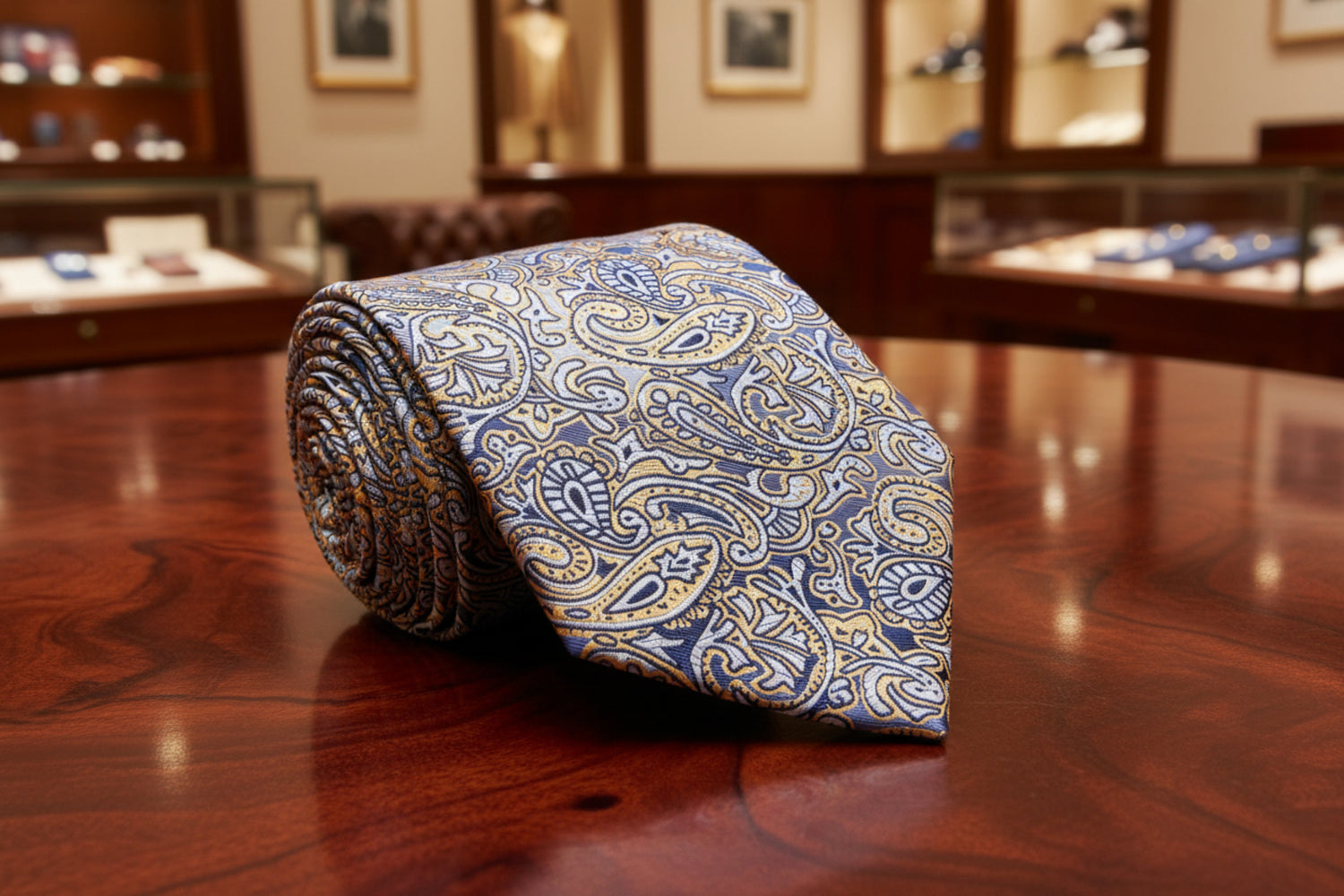 A Black, Tan, Grey Paisley Pattern Necktie 