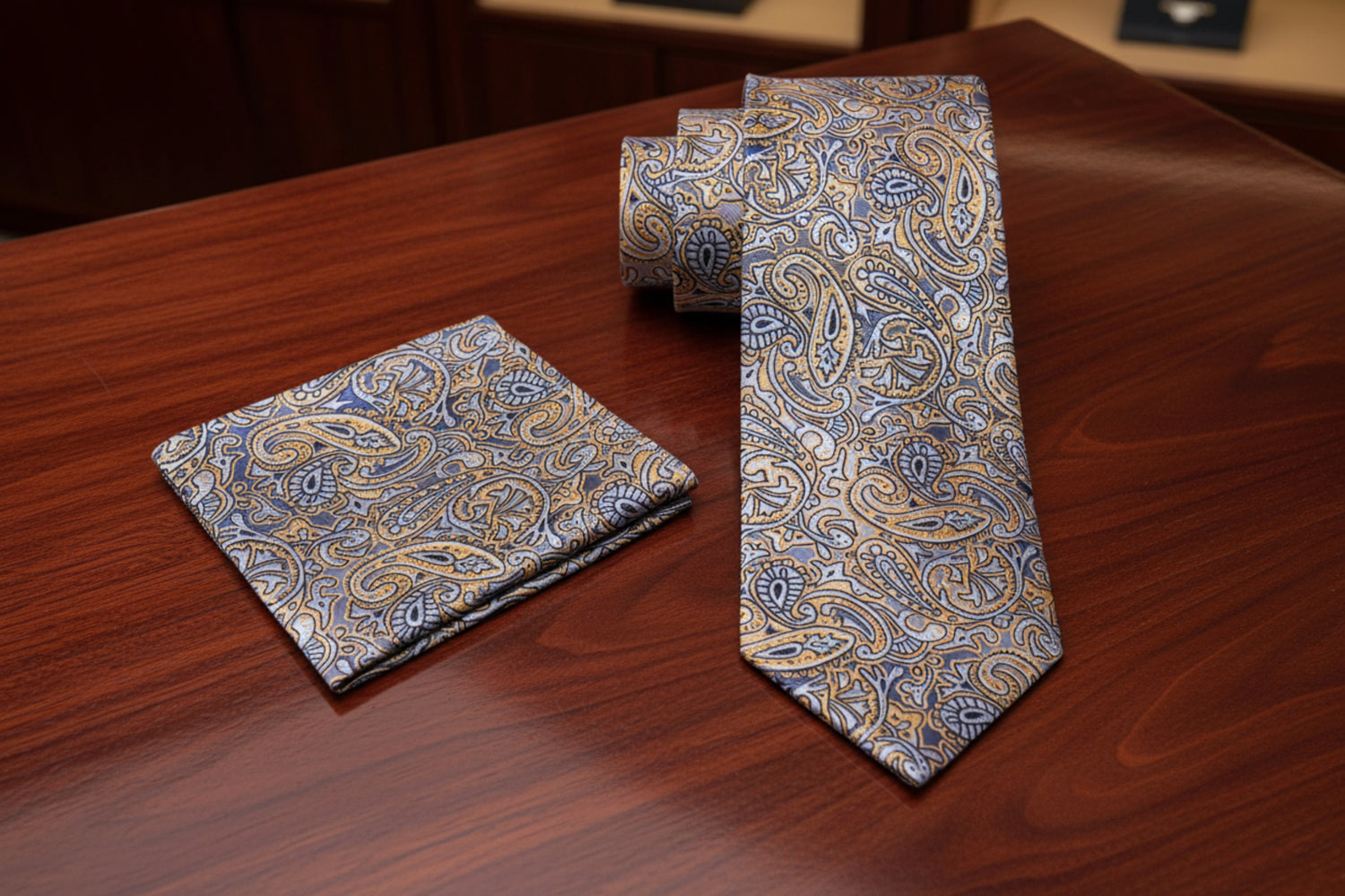 Alt view: A Black, Tan, Grey Paisley Pattern Necktie, Matching Pocket Square