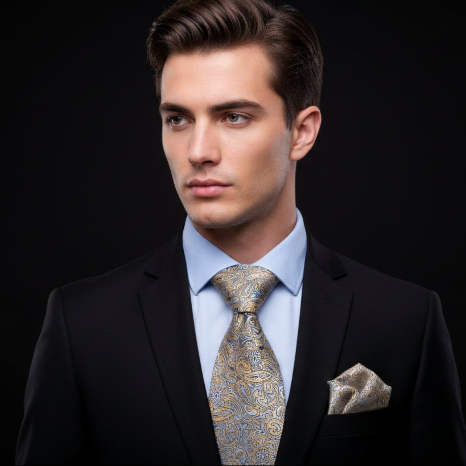 A Black, Tan, Grey Paisley Pattern Silk Necktie, Matching Pocket Square