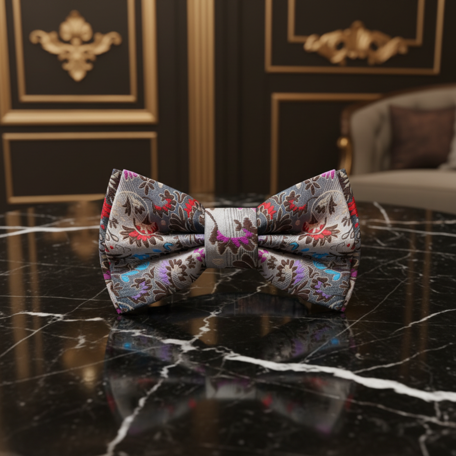 Grey, Brown, Blue, Red Floral Bow Tie
