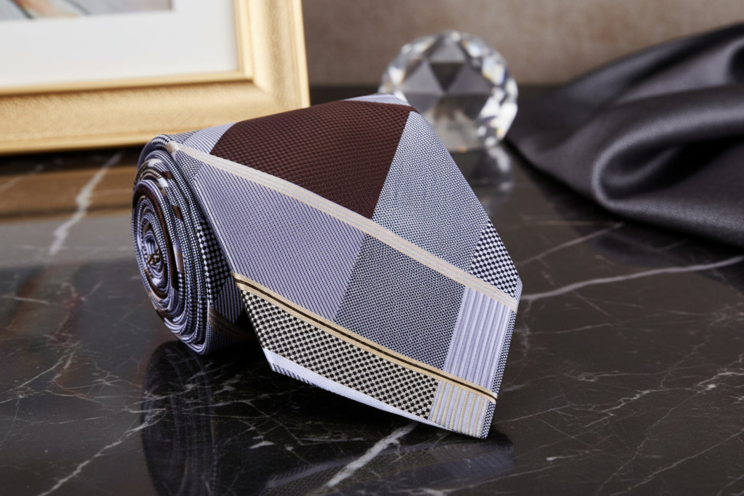 A Mahogany, Grey, Light Gold Diamond Geometric Pattern Necktie