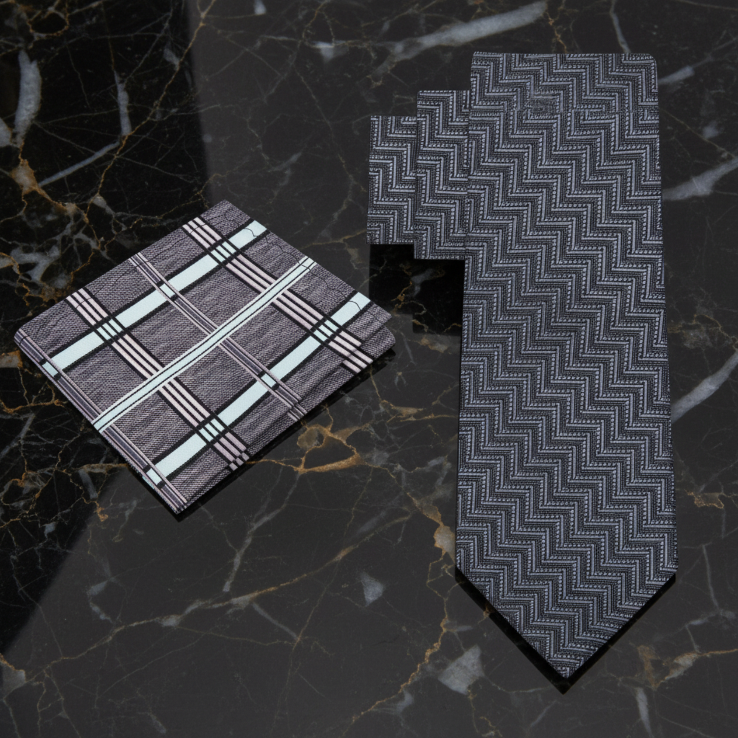 Alt View: Grey with Light Blue Necktie with Accenting Grey and Blue Plaid Square