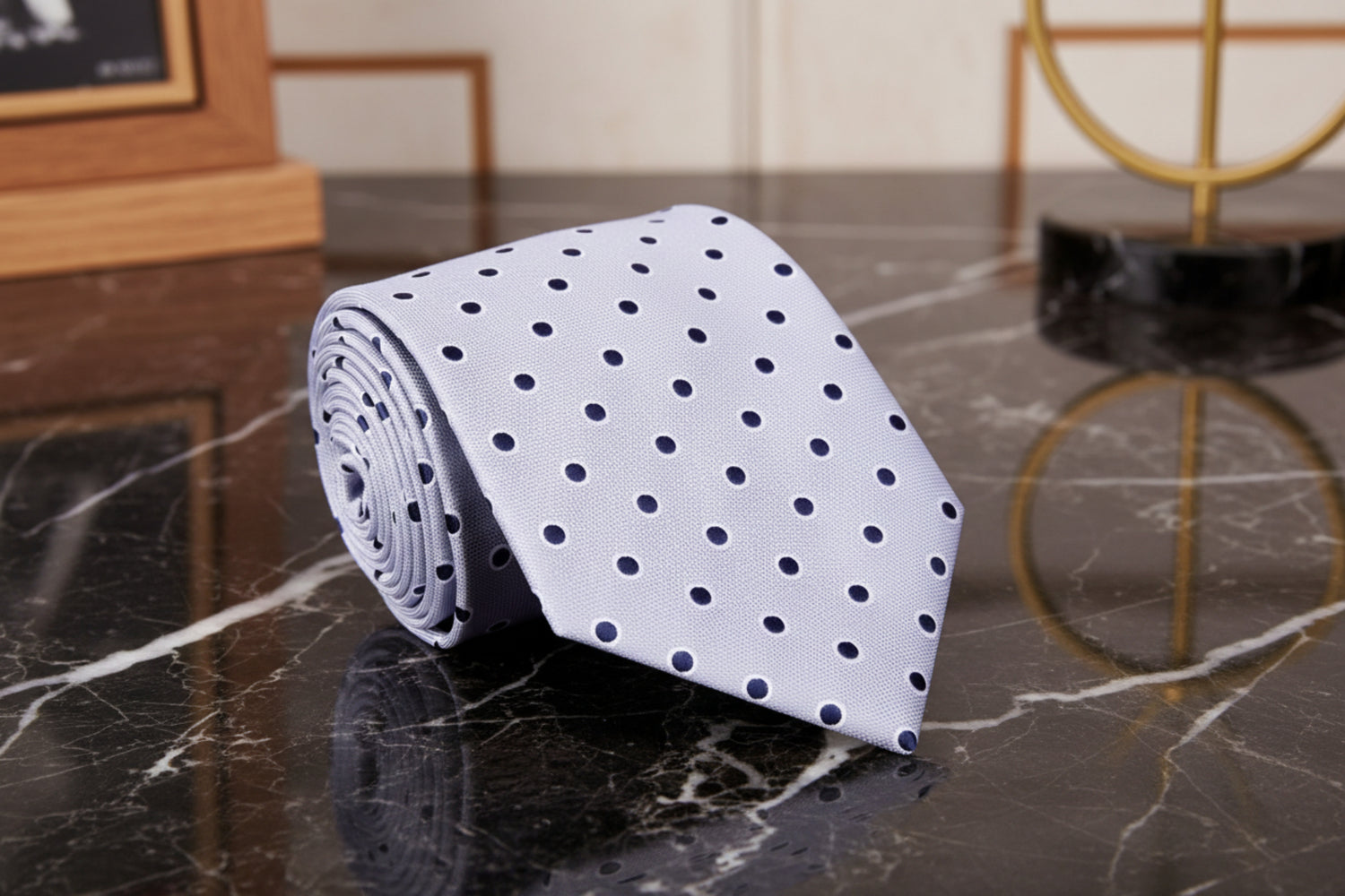 A Grey, Dark Blue Polka Dot Pattern Necktie, 