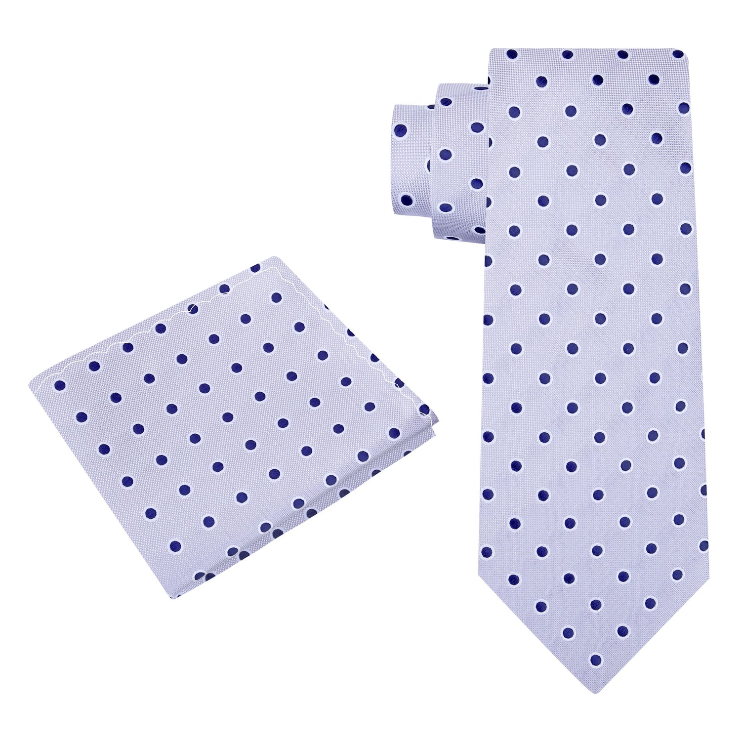 Alt View: A Grey, Dark Blue Polka Dot Pattern Necktie, Matching Pocket Square