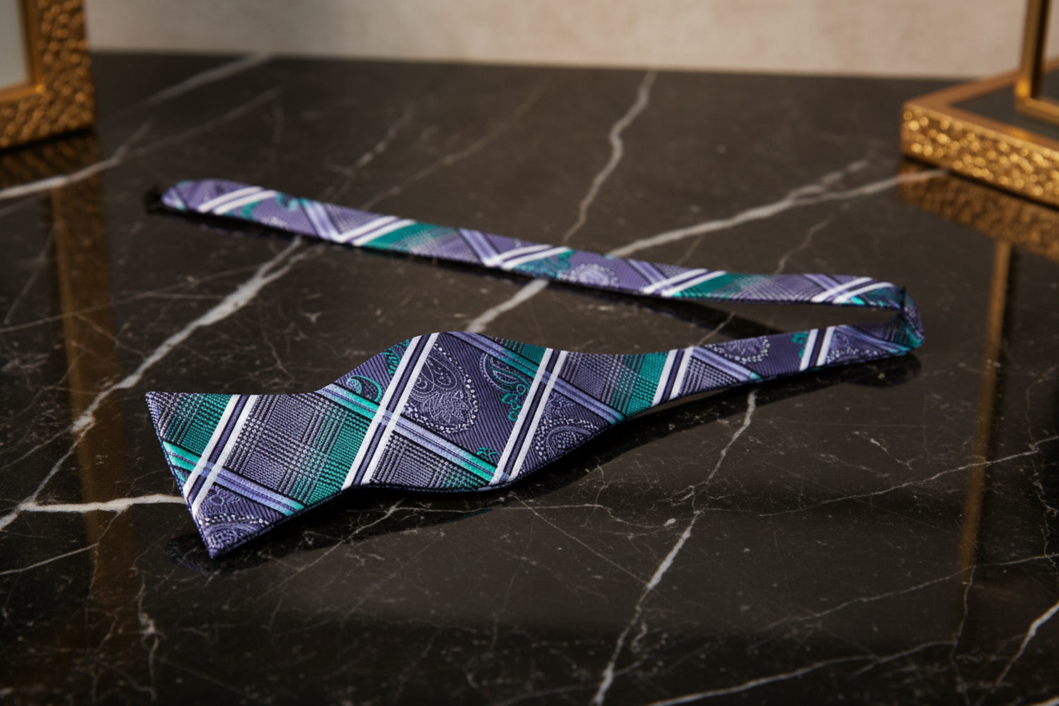 Self-Tie: A Silver, Black, Green Geometric and Paisley Pattern Self Tie Bow Tie