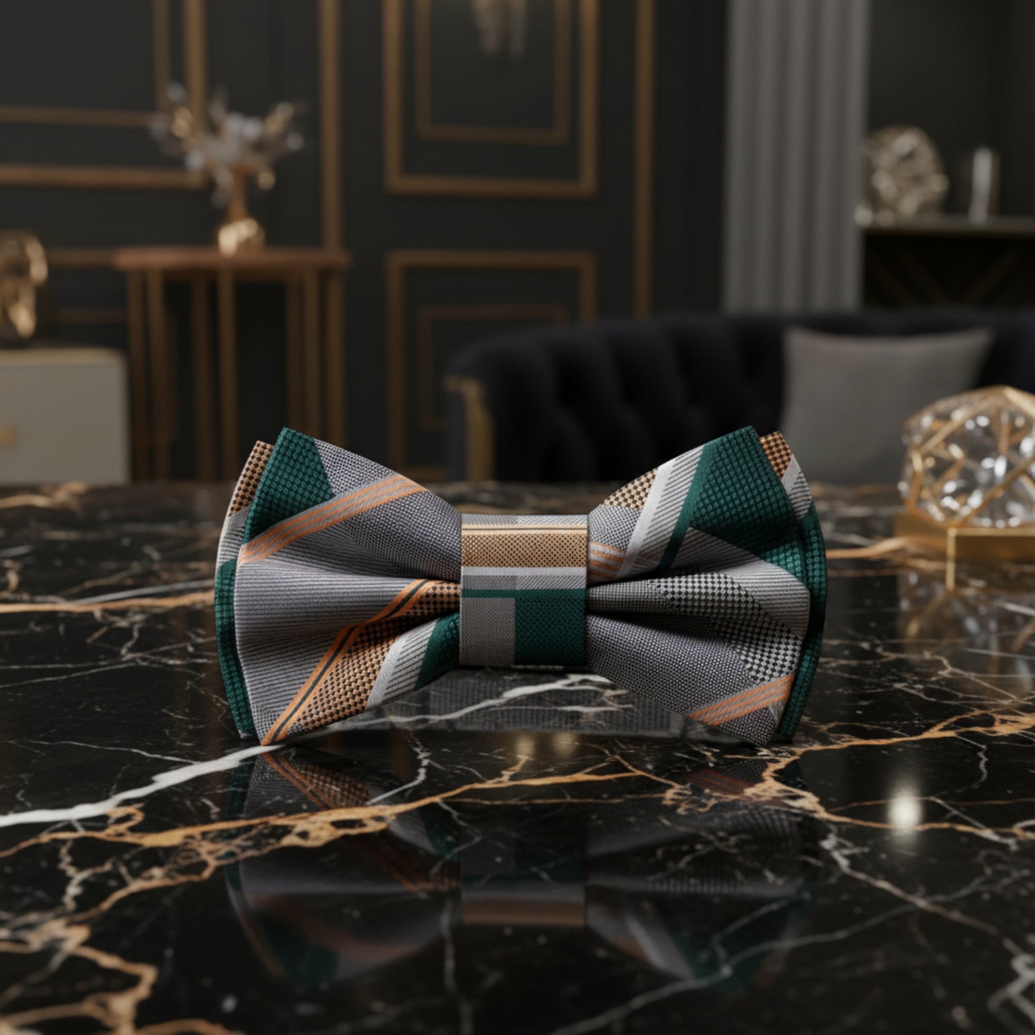 Pre-Tied View: Grey, Green, Gold, White Plaid Bow Tie