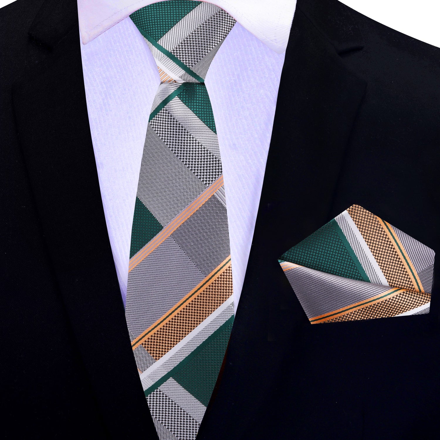 Thin Tie: Grey, Green, Gold Geometric Diamonds Plaid Tie and Pocket Square