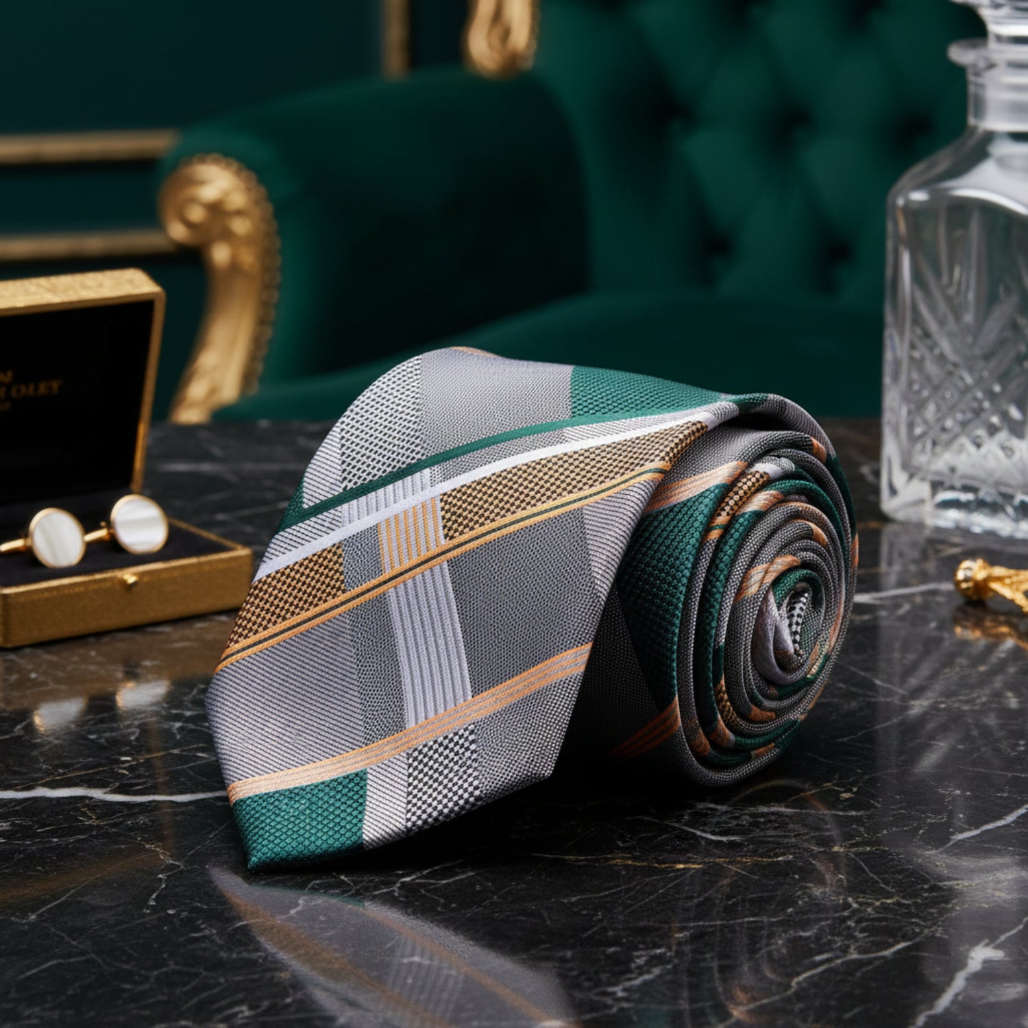Single Tie: Grey, Green, Gold Geometric Diamonds Plaid Tie