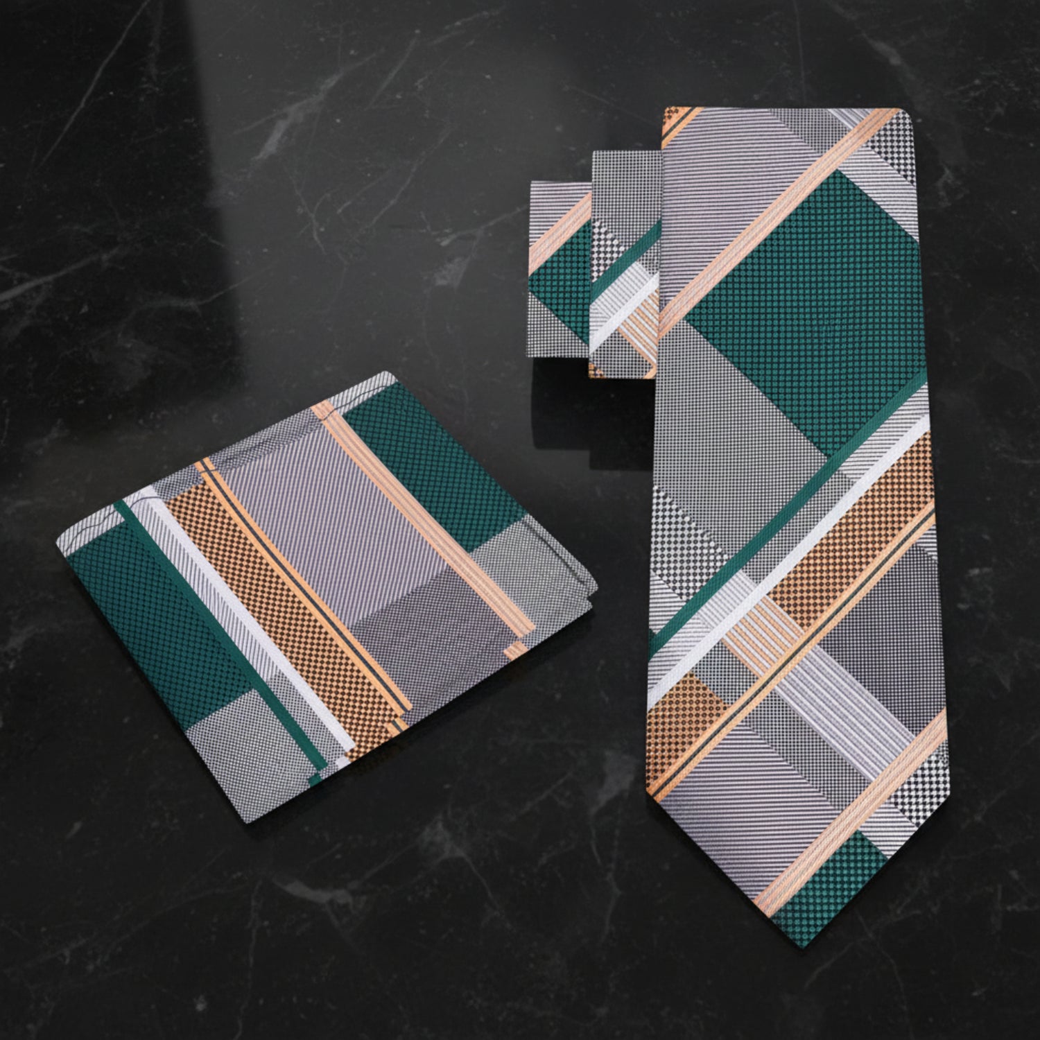 Alt View: Grey, Green, Gold Geometric Diamonds Plaid Tie and Pocket Square
