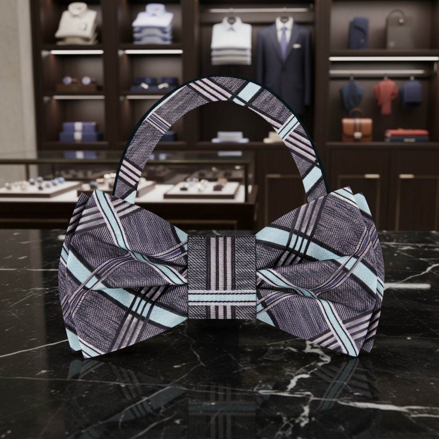 Pre Tied View: Grey, Light Blue Plaid Bow Tie 