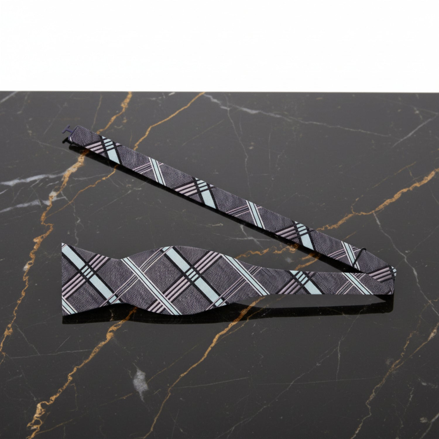 Self Tie: Grey, Light Blue Plaid Bow Tie 