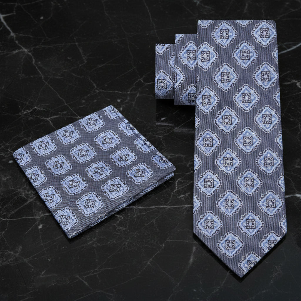Alt View: Main View: Grey and Light Blue Geometric Tie and Pocket Square