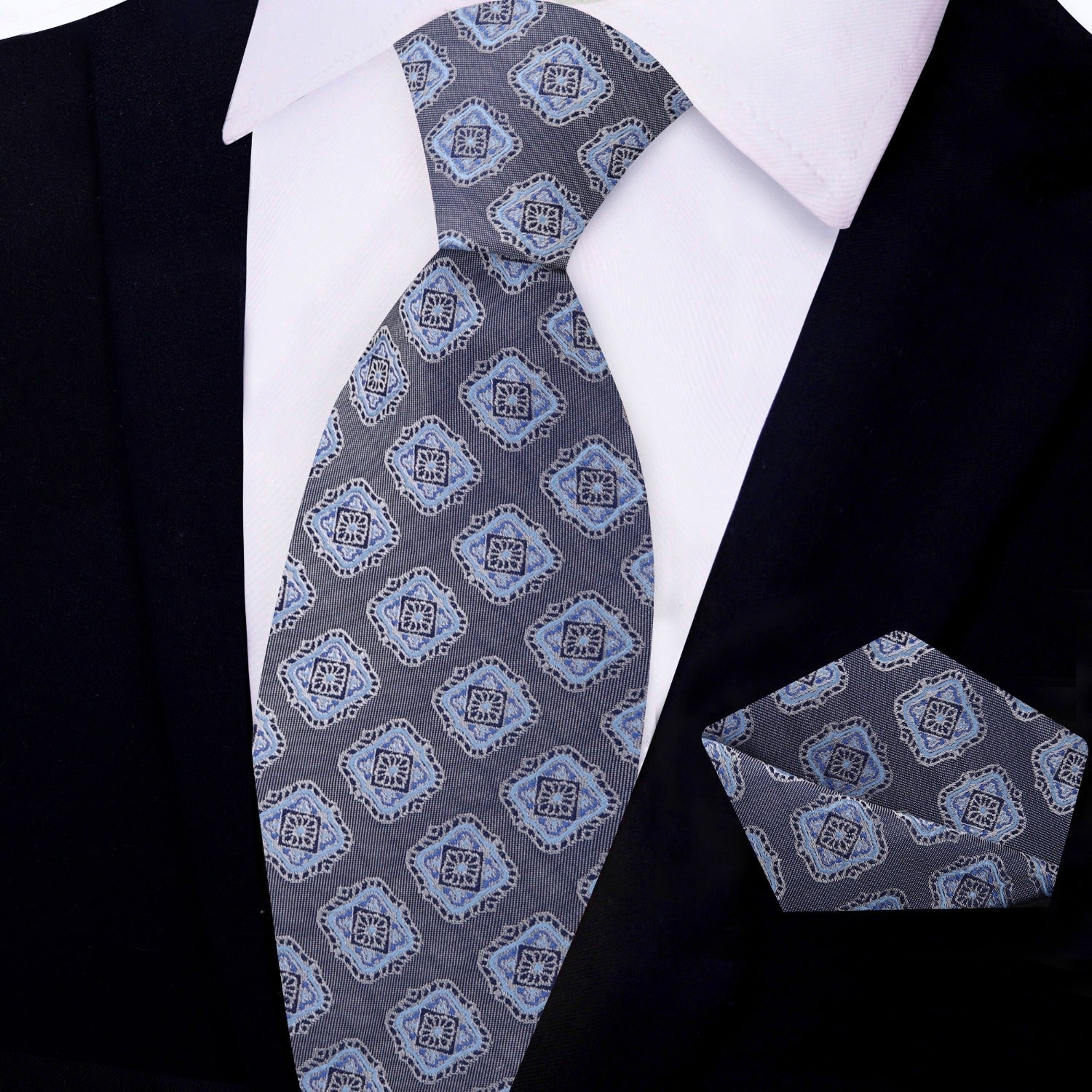 Secondary View: Main View: Grey and Light Blue Geometric Tie and Pocket Square