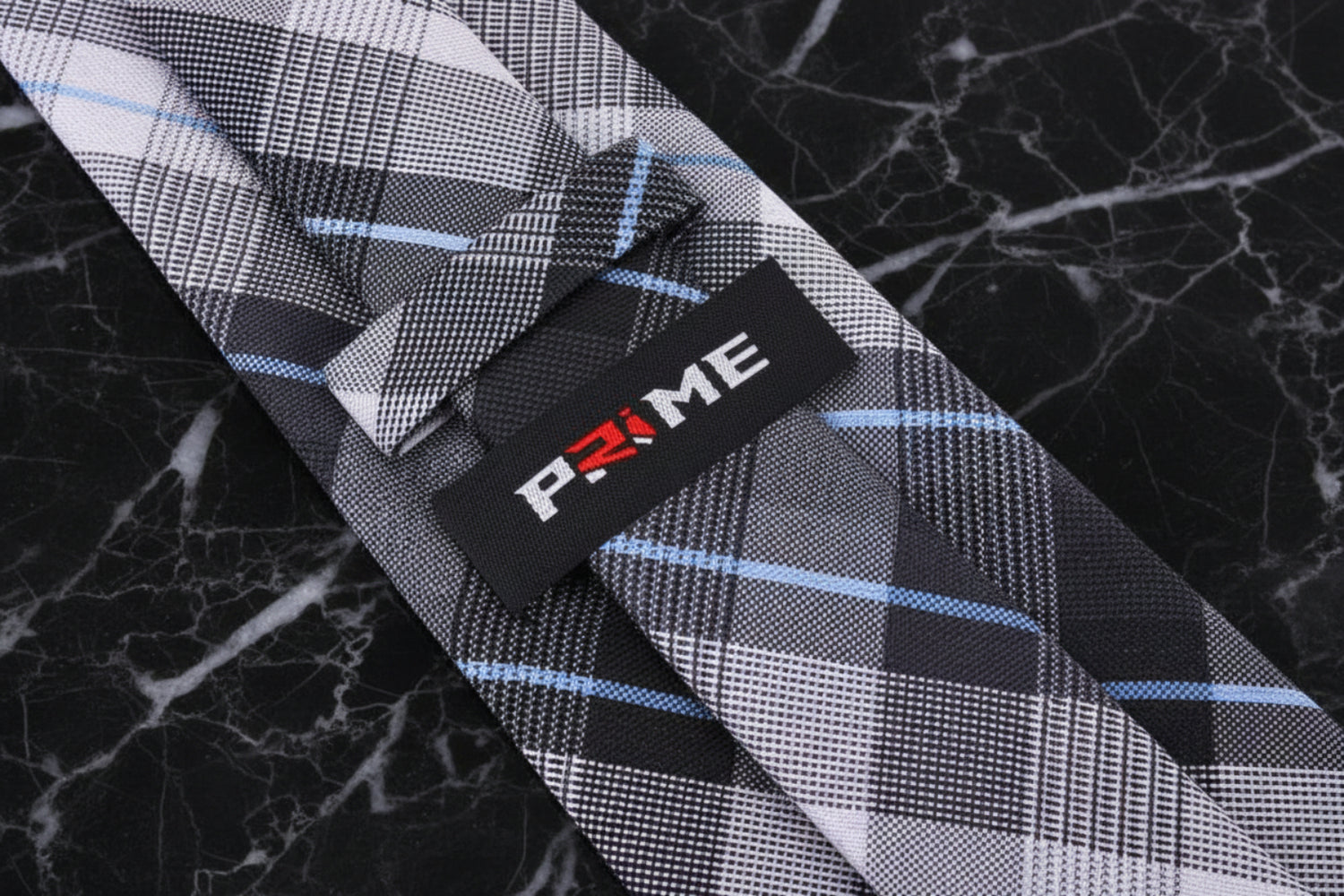 Grey, Light Blue Plaid Tie Keep and Logo