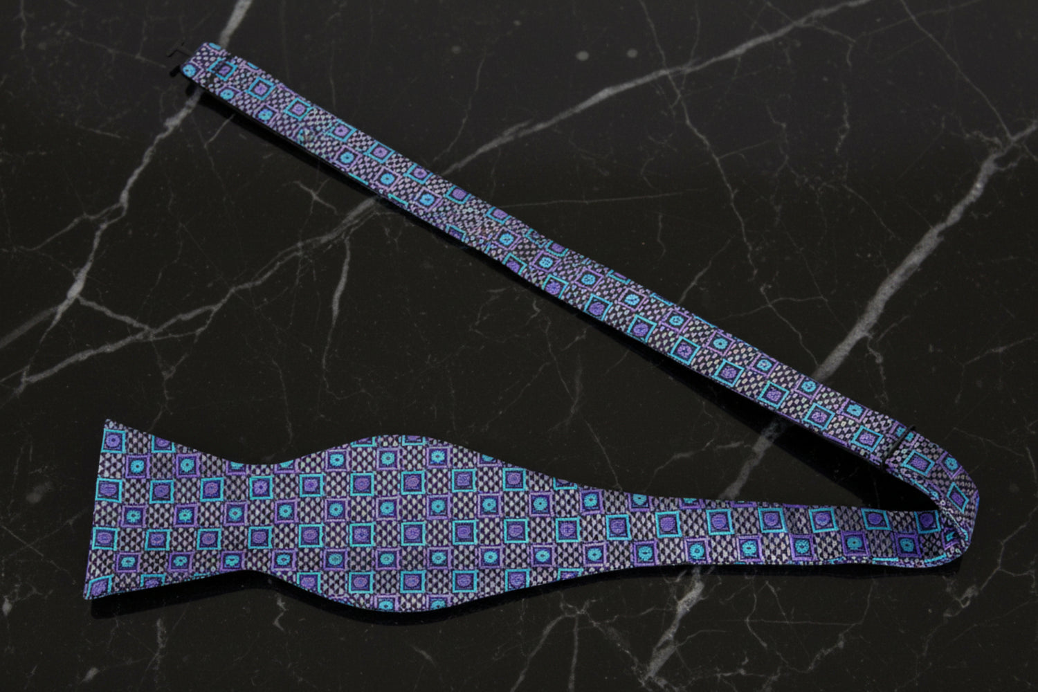 Untied View: A Grey, Teal, Purple Abstract Shapes Pattern Self Tie Bow Tie 
