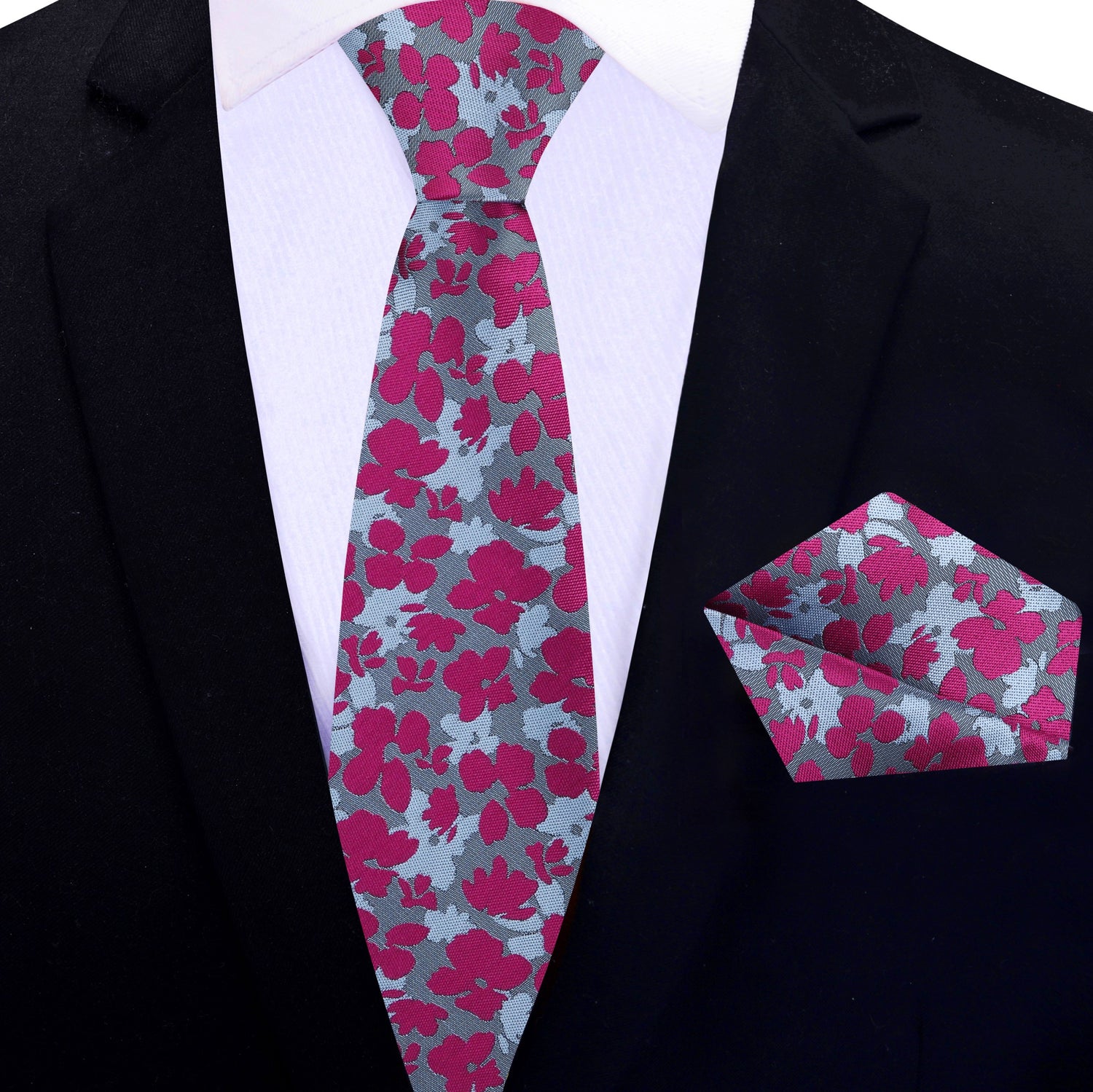 Thin Tie: Reddish Pink and Shades of Grey Flowers Necktie With Pocket Square