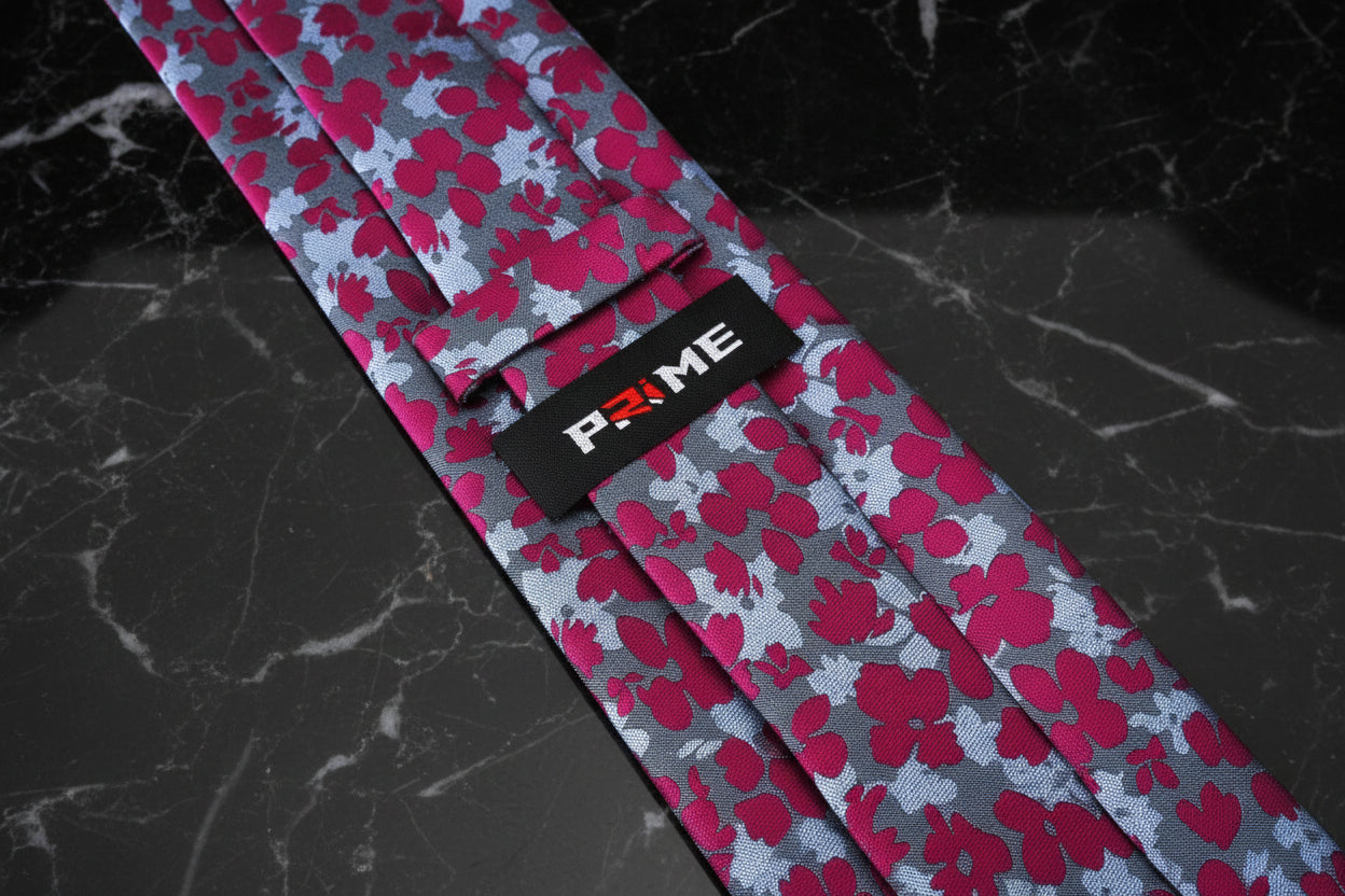 Tie Keep: Reddish Pink and Shades of Grey Flowers Necktie  