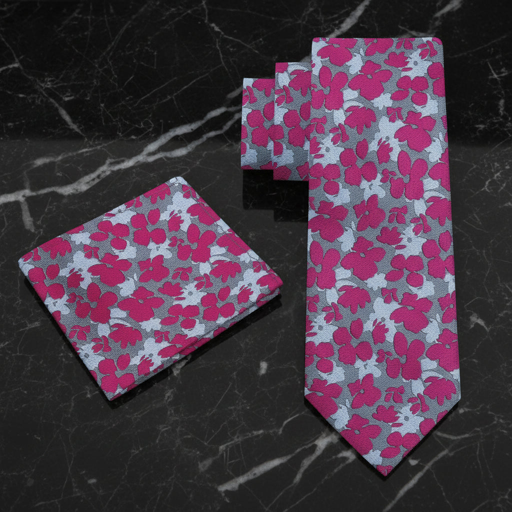 Alt View: Reddish Pink and Shades of Grey Flowers Necktie With Pocket Square