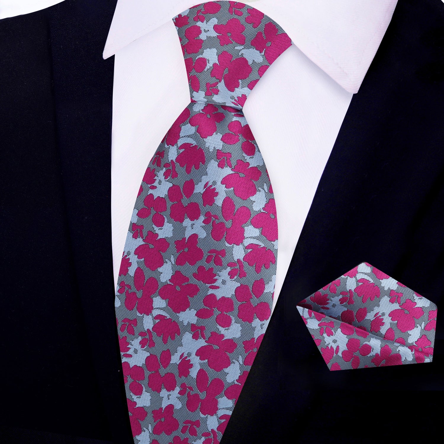 View 2: Reddish Pink and Shades of Grey Flowers Necktie With Pocket Square