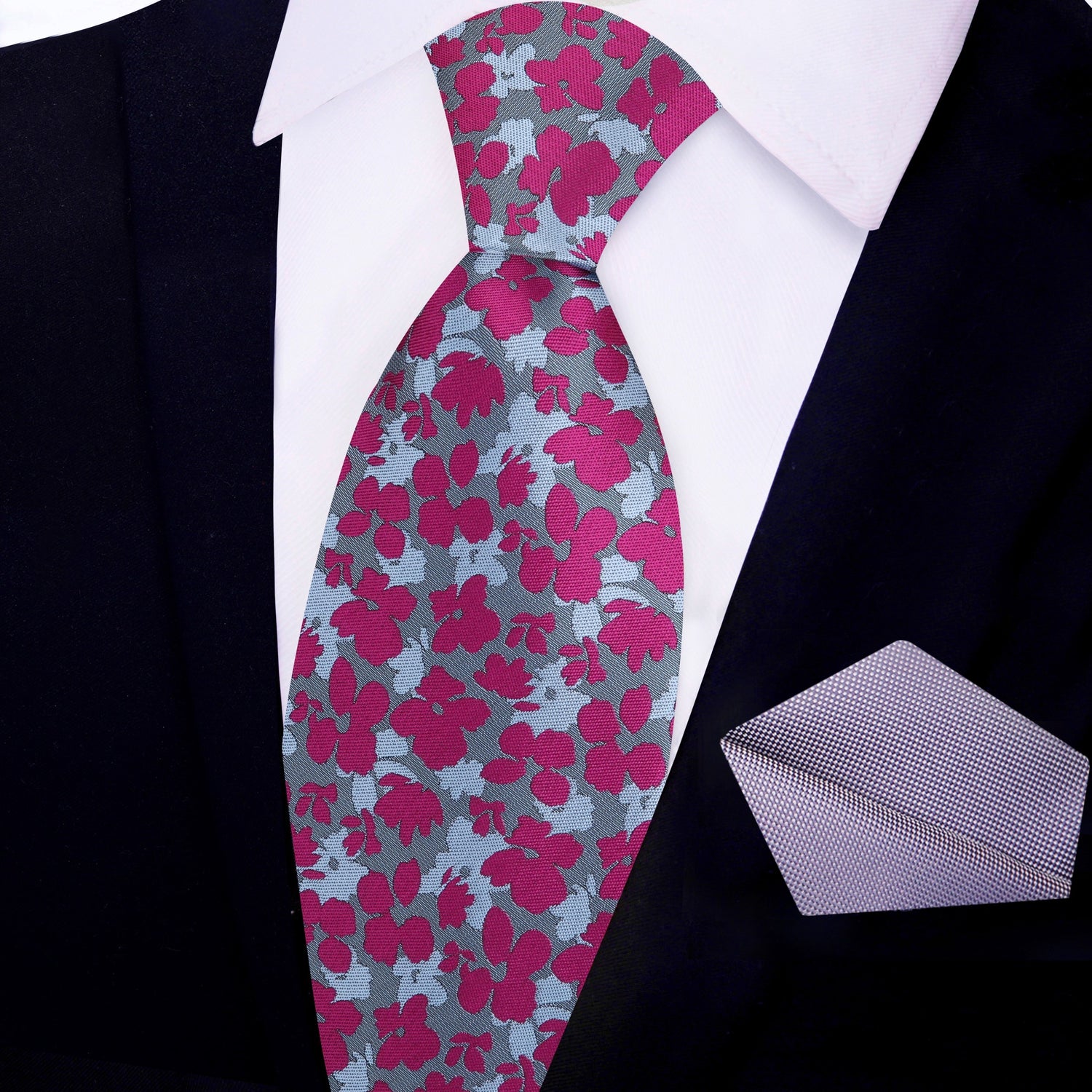 Reddish Pink and Shades of Grey Flowers Necktie With Solid Grey Pocket Square