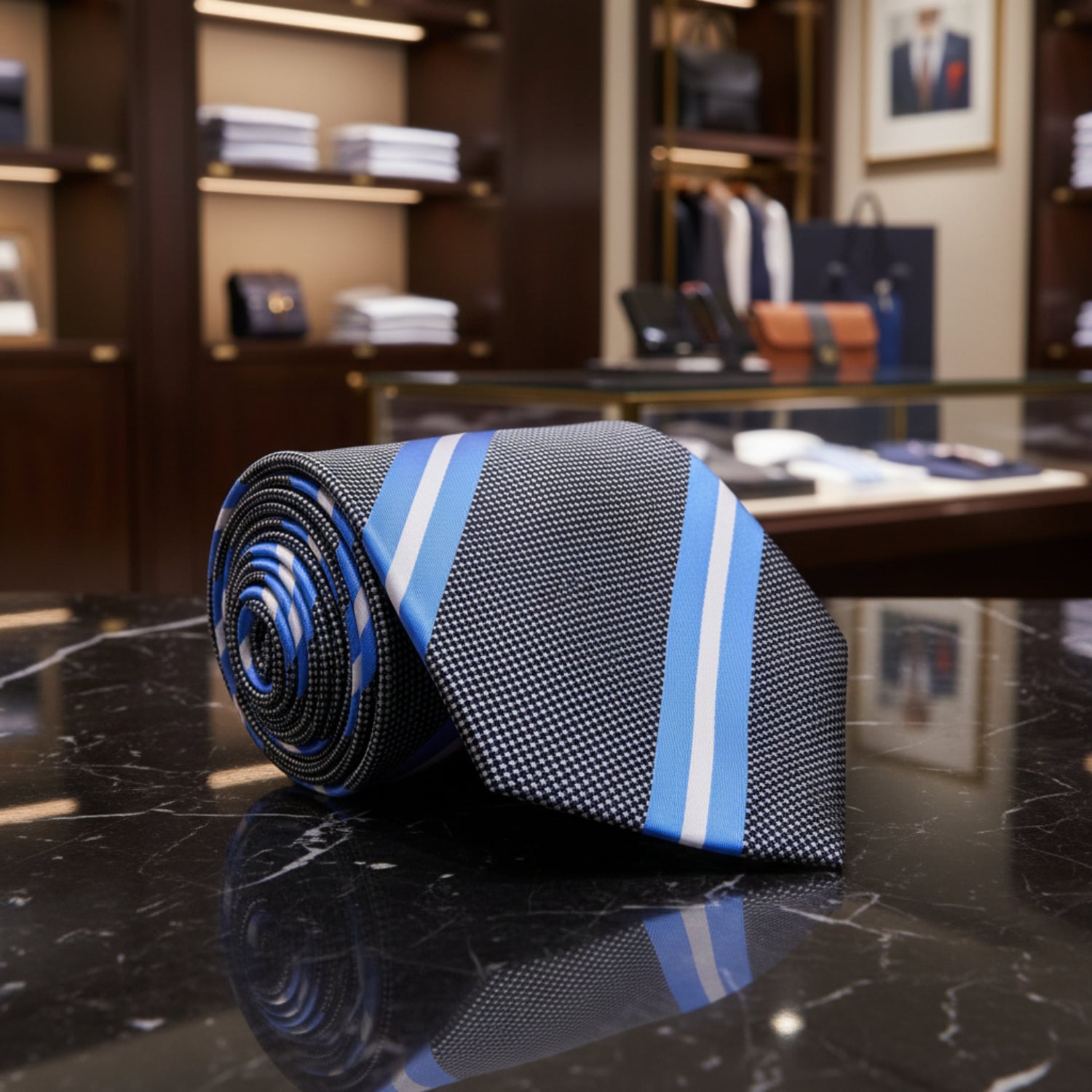 Grey, Blue, White Stripe Tie