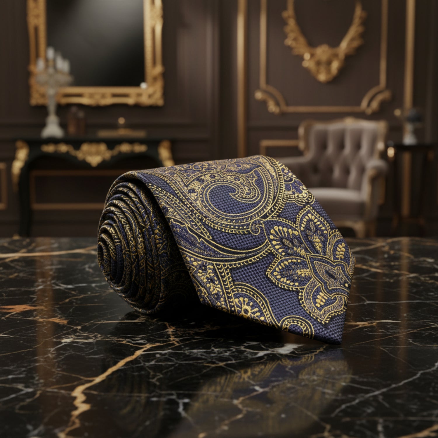 Grey, Gold Large Intricate Paisley Tie 