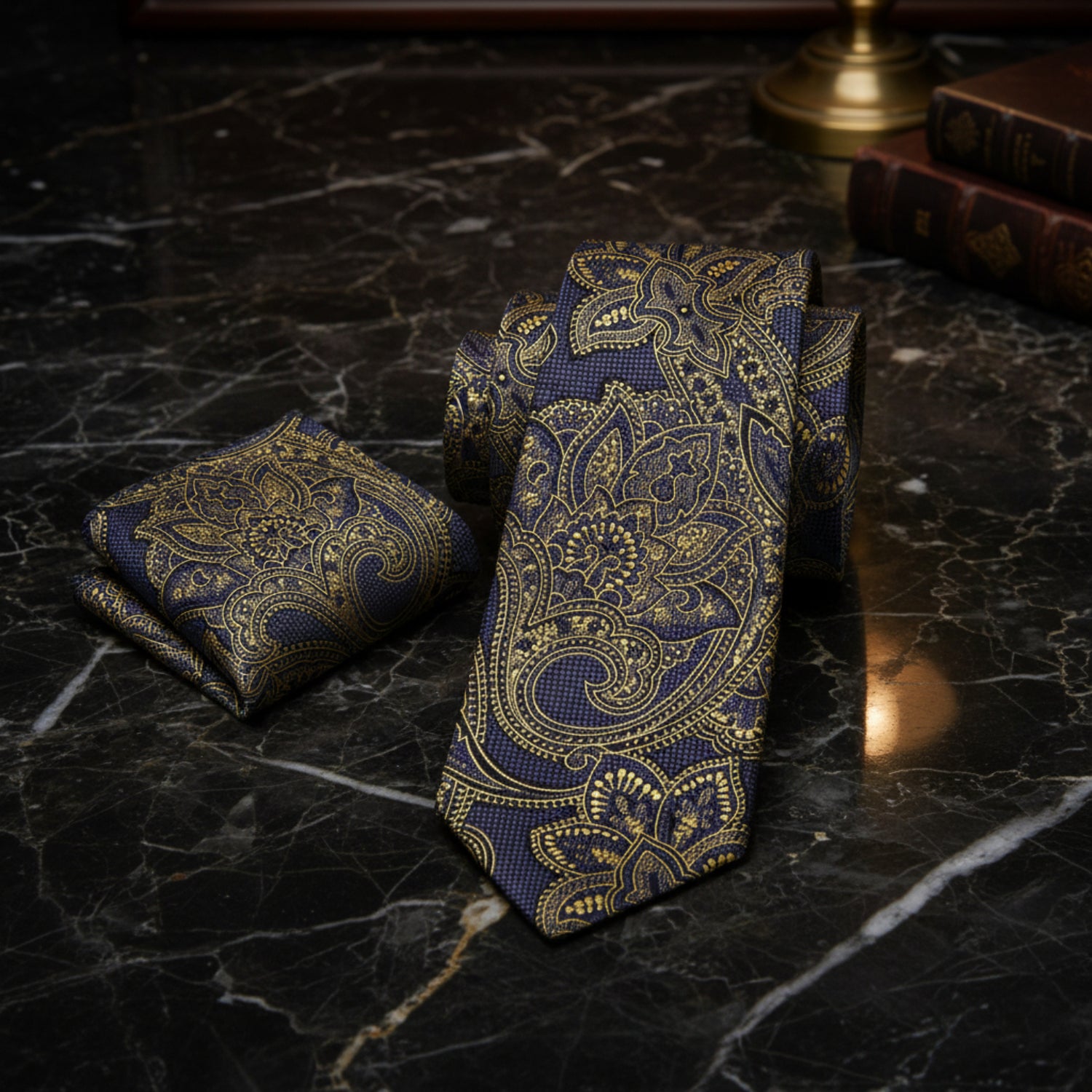 Alt View: Grey, Gold Large Intricate Paisley Tie and Pocket Square