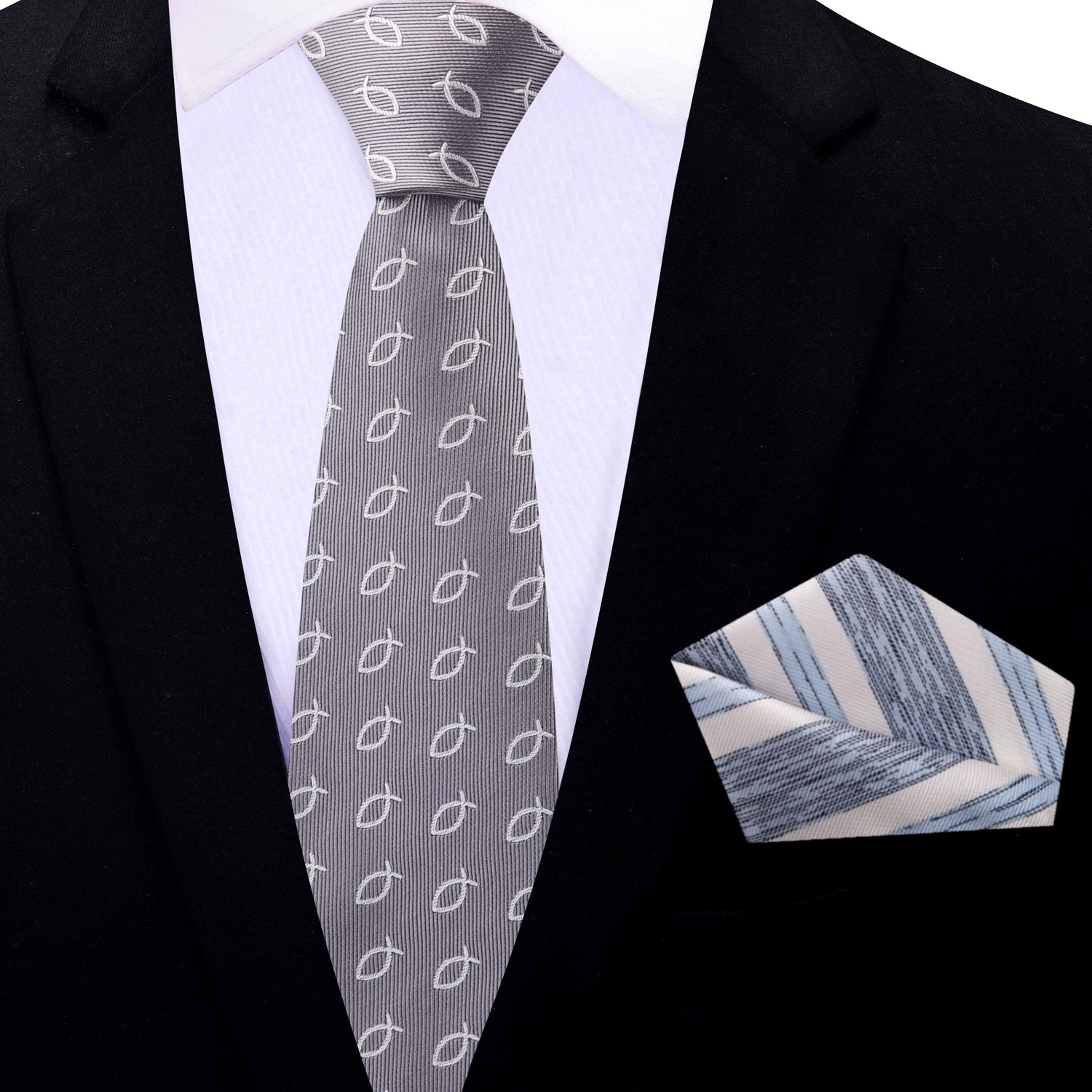 Thin Tie: Grey, Light Grey Christian Fish Tie and White, Light Blue Square